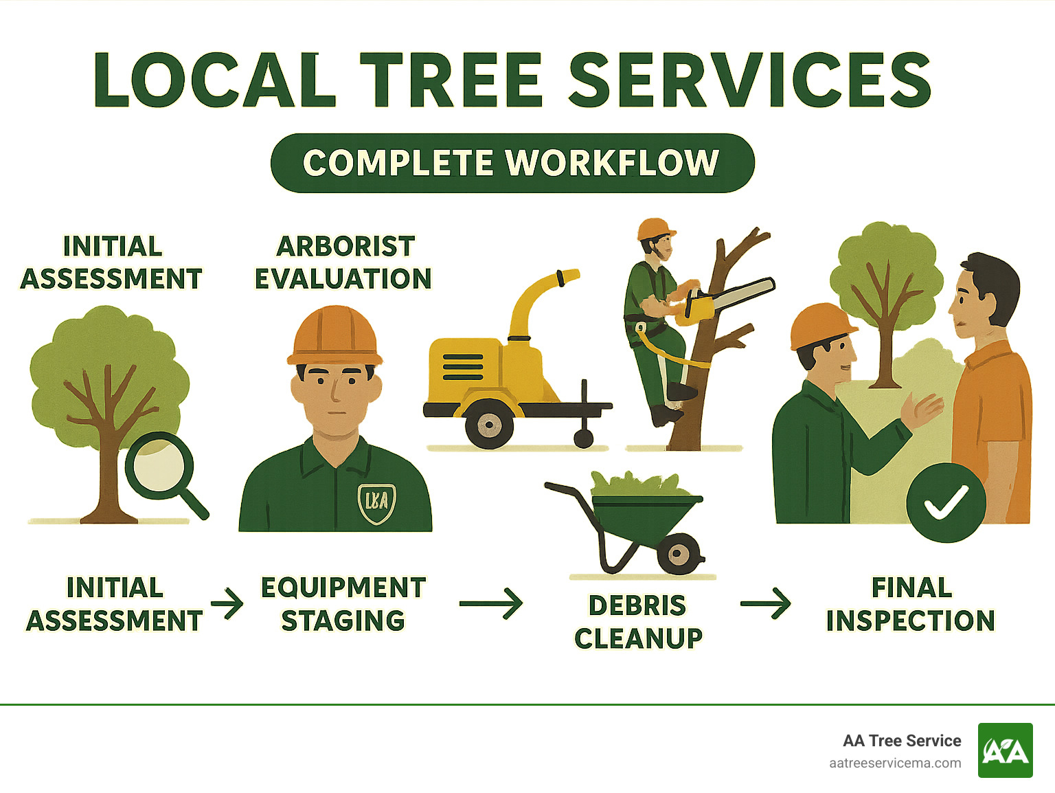 Comprehensive infographic showing the complete tree service workflow from initial assessment through ISA-certified arborist evaluation, equipment staging, safe removal or pruning techniques, debris cleanup, and final property inspection with customer walkthrough - local tree companies near me infographic 