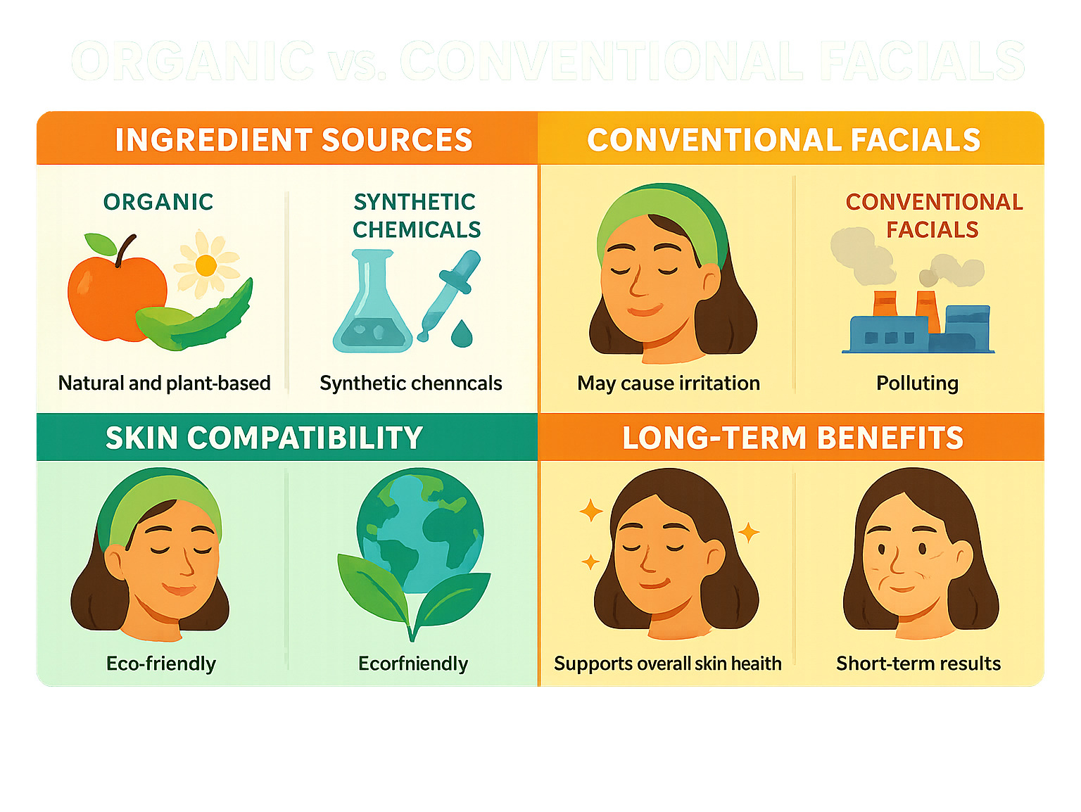 Infographic comparing organic vs conventional facials showing ingredient sources, skin compatibility, environmental impact, and long-term benefits - Organic facial treatments infographic 