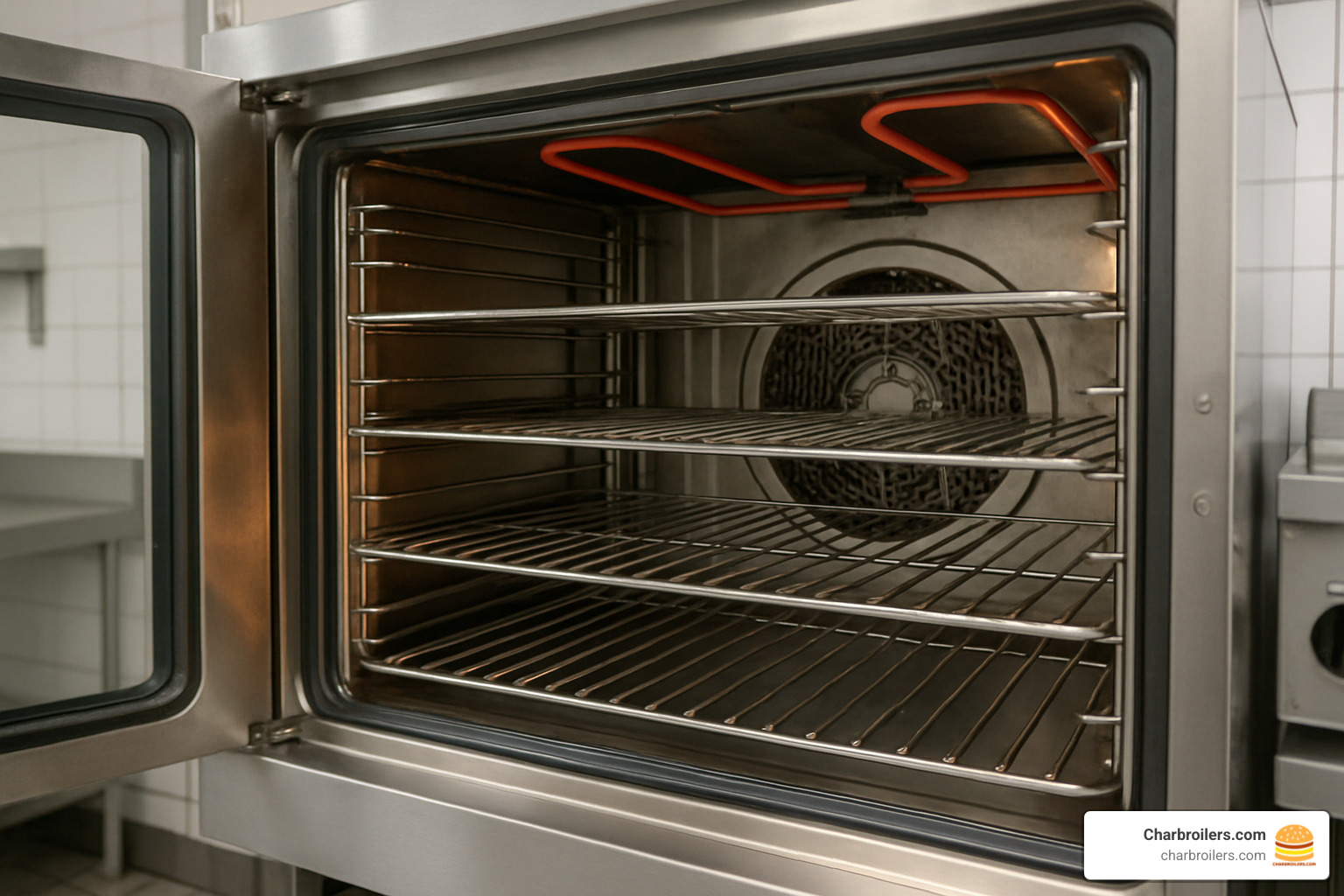 interior view of a commercial convection oven showing racks, fan, and heating elements - used commercial convection oven for sale near me