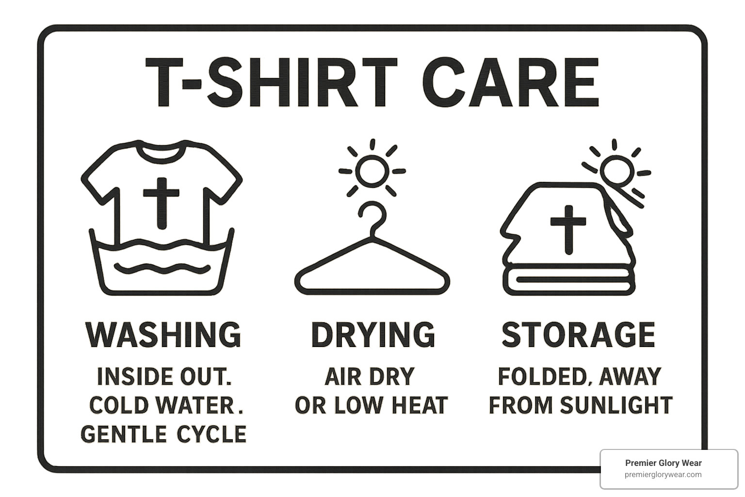 Care label graphic showing proper washing, drying, and storage instructions for Bible quote shirts - Bible quotes shirts