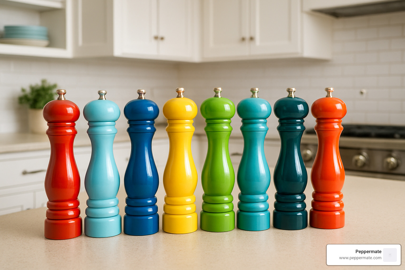 colorful mills lined up - pepper mill reviews