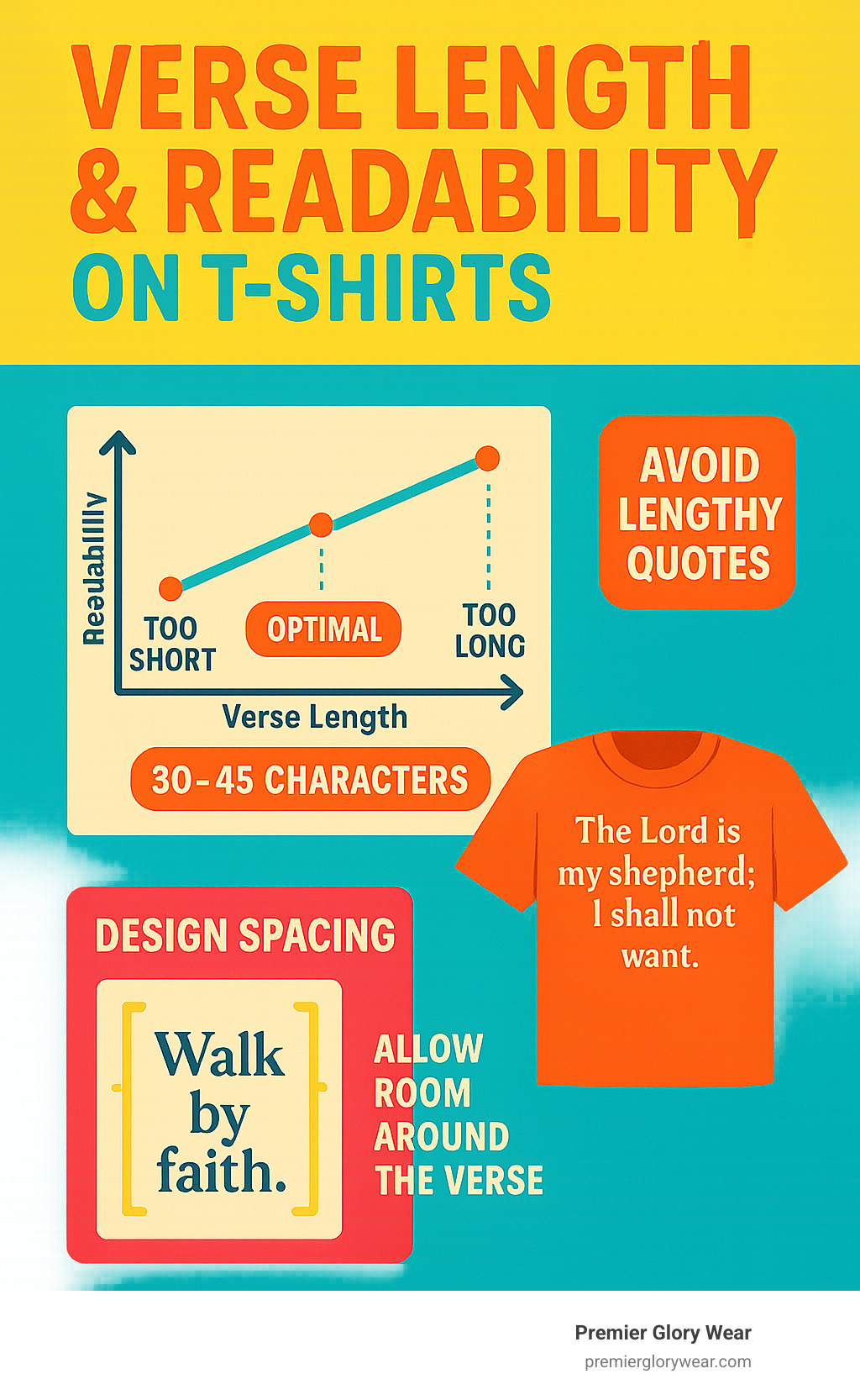 Infographic illustrating optimal verse length and spacing for t-shirt readability – Bible quotes shirts infographic