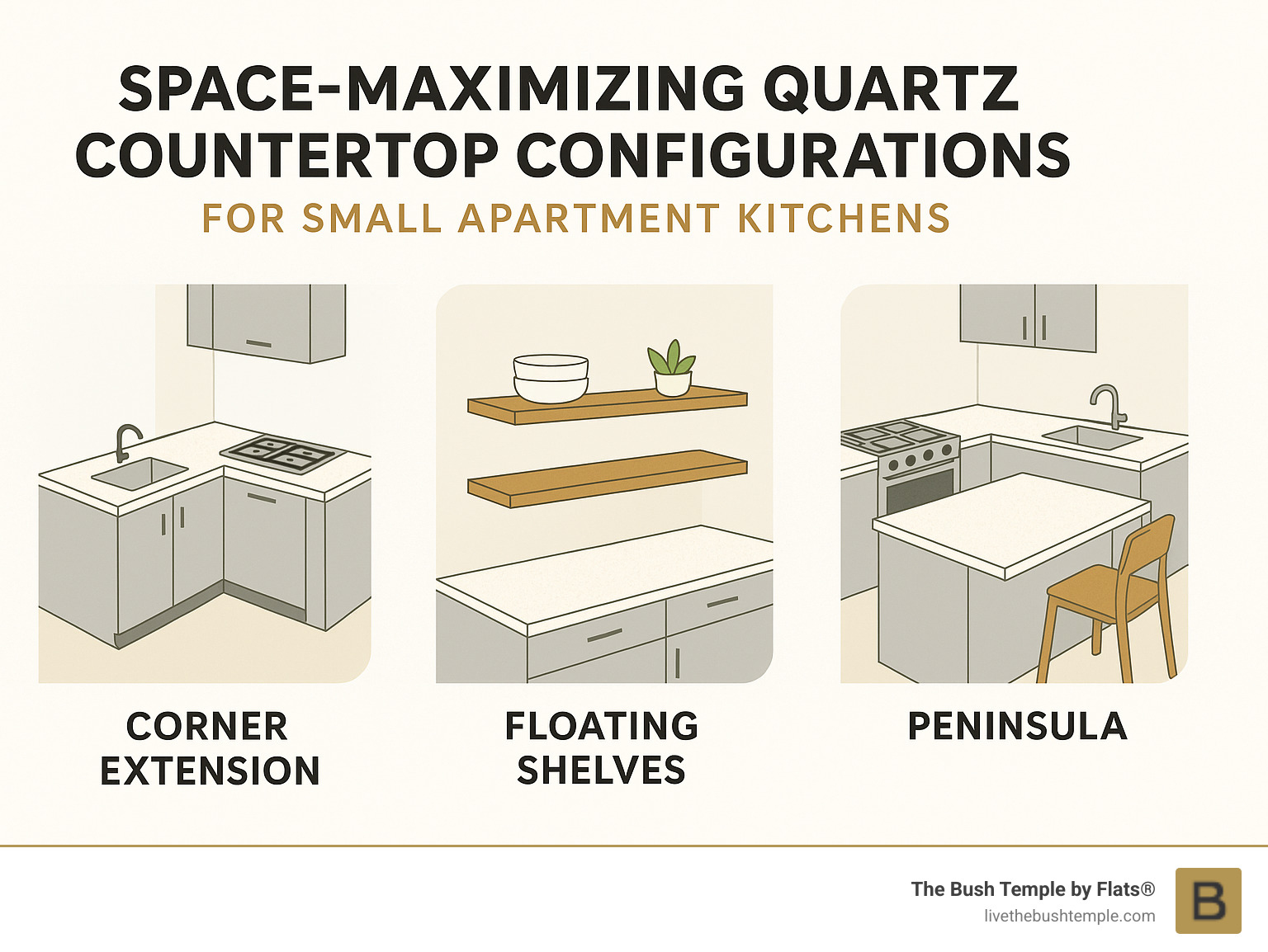 Infographic showing space-maximizing quartz countertop configurations for small apartment kitchens, including corner extensions, floating shelves, and peninsula layouts - apartments with quartz countertops infographic 