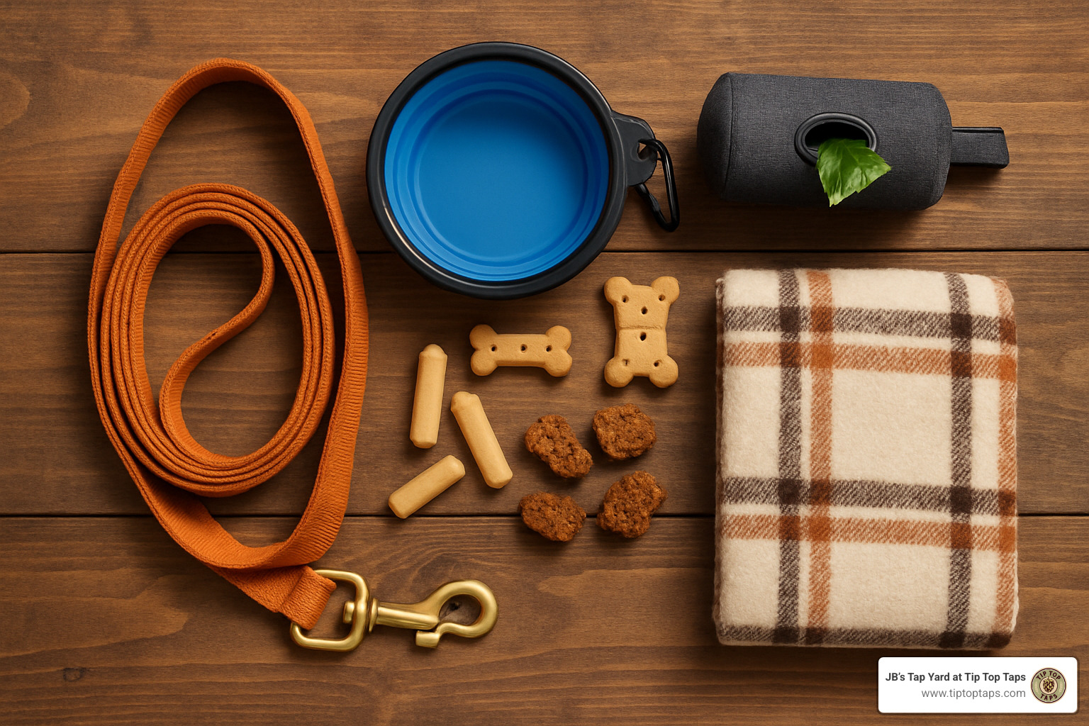 Essential dog gear laid out including leash, collapsible bowl, waste bags, blanket, and treats - dog friendly brewery