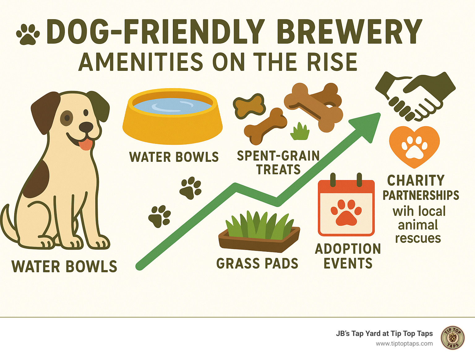 Infographic showing the growth of dog-friendly brewery amenities including water bowls, spent-grain treats, grass pads, adoption events, and charity partnerships with local animal rescues - dog friendly brewery infographic 
