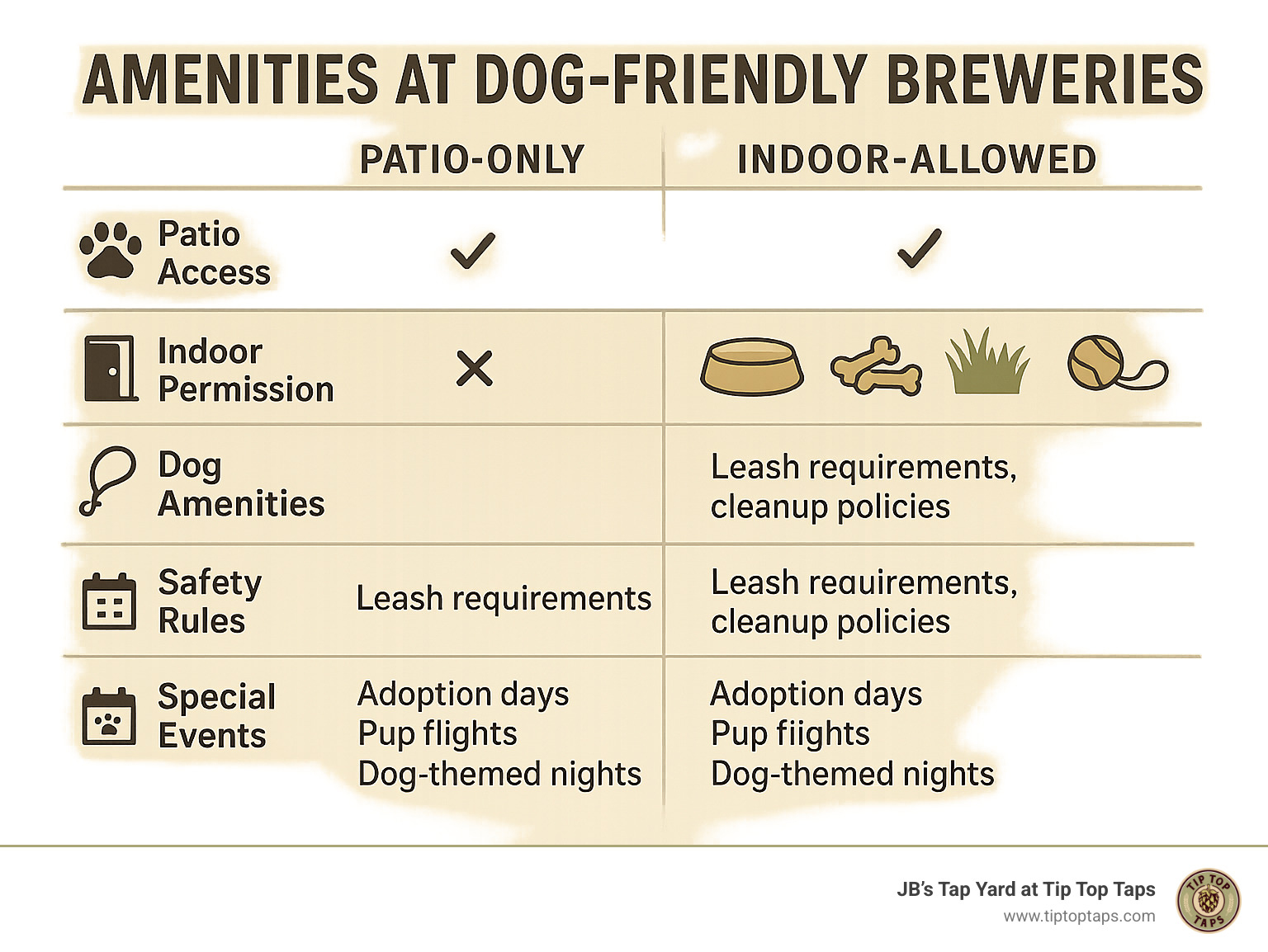 Table comparing amenities at patio-only versus indoor-allowed dog-friendly breweries - dog friendly brewery infographic 