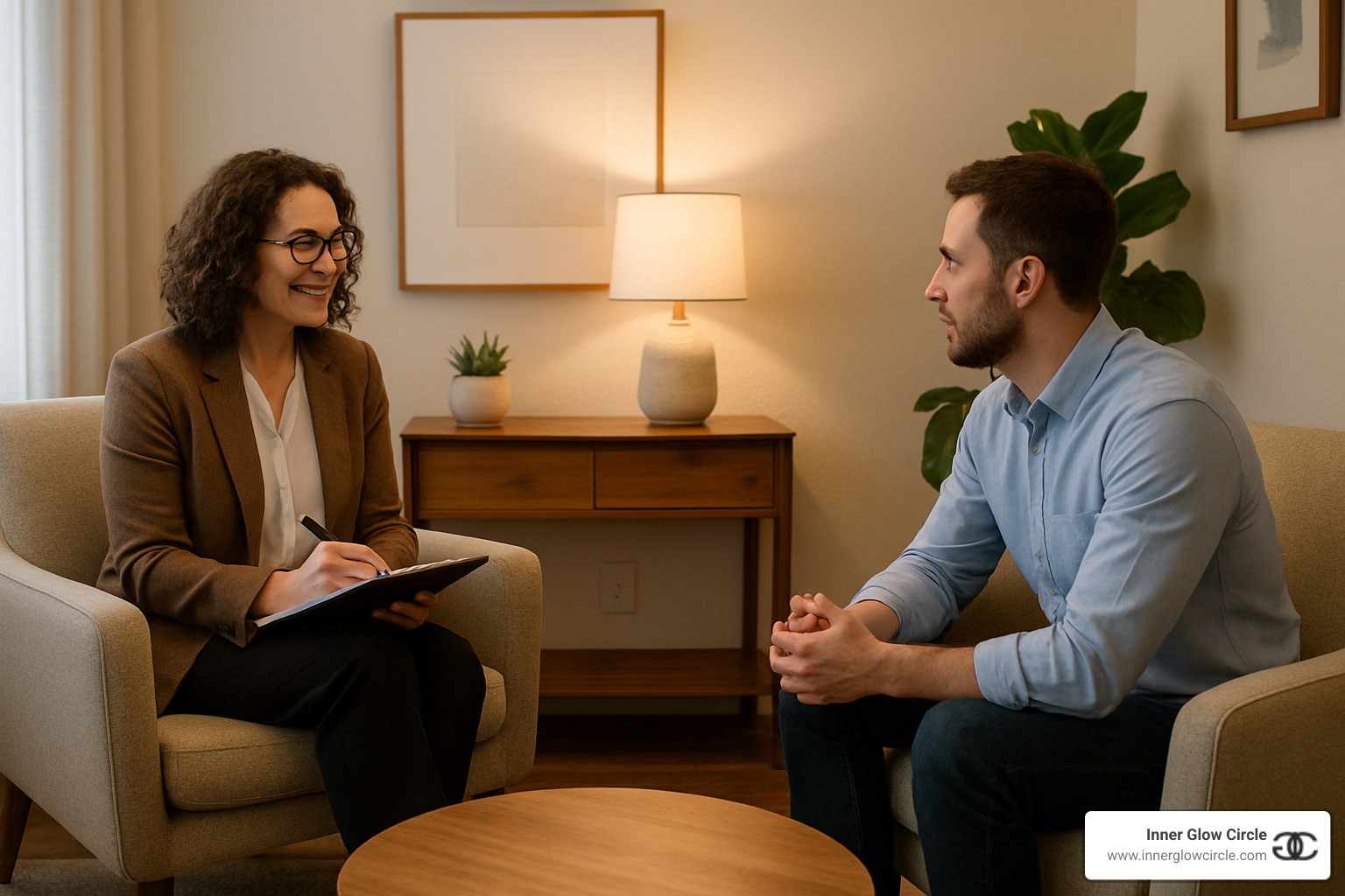 Consultation session setup showing coach and client in comfortable conversation - personality coaching