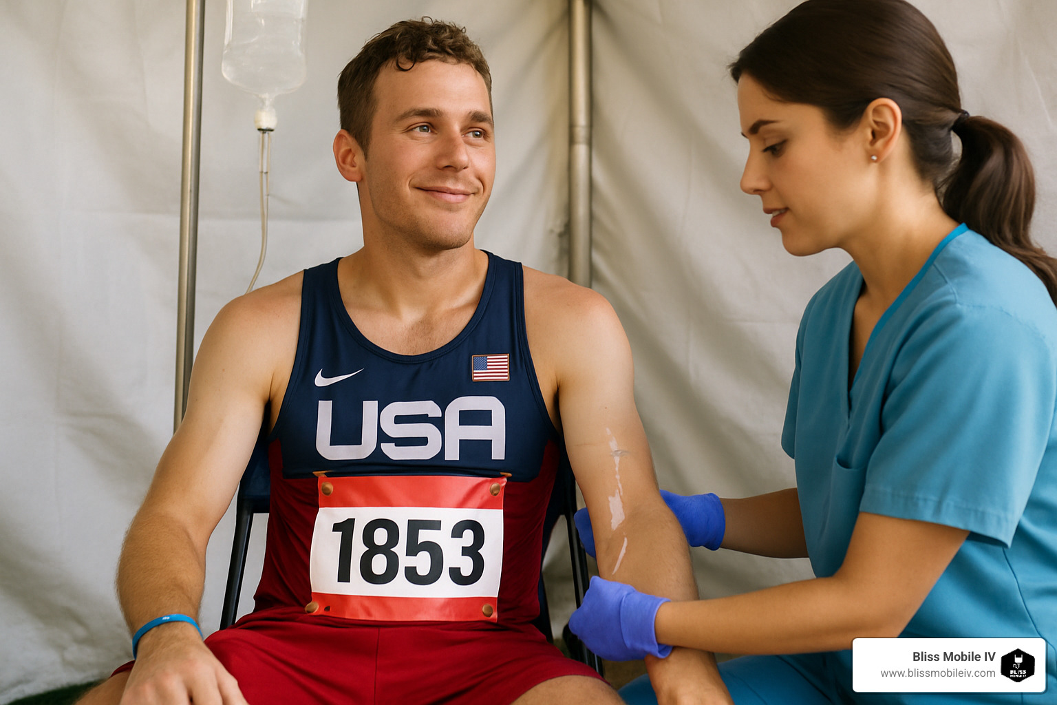 Athlete receiving IV hydration post-race - iv hydration treatment for athletic performance