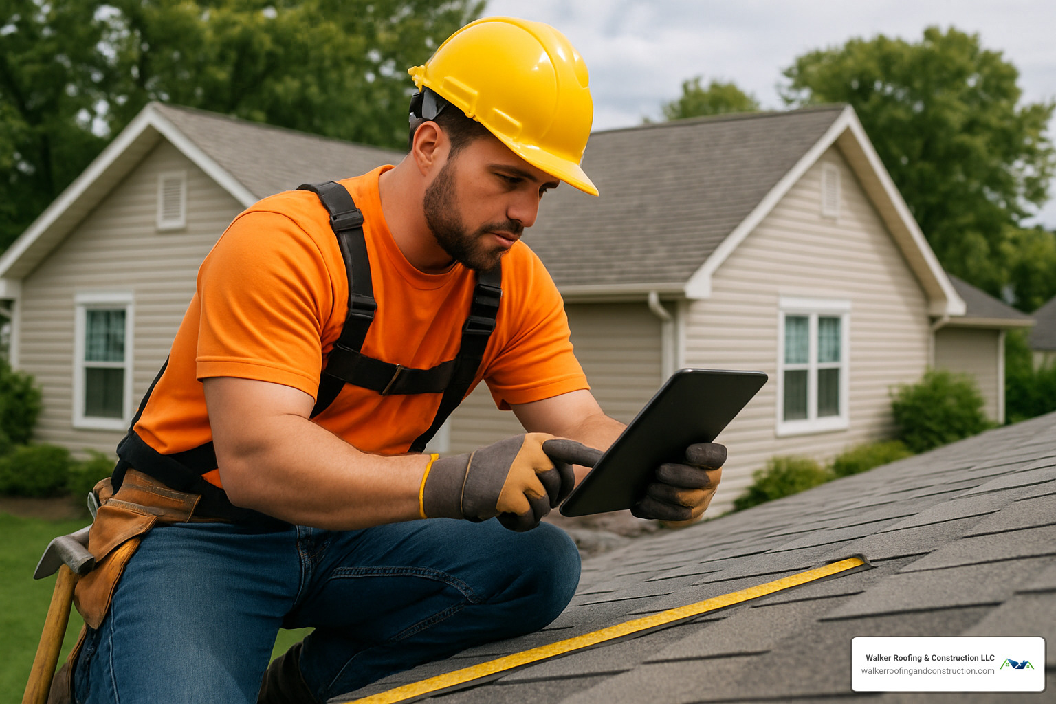 professional roofer measuring roof with tablet and measuring tools - roof estimate