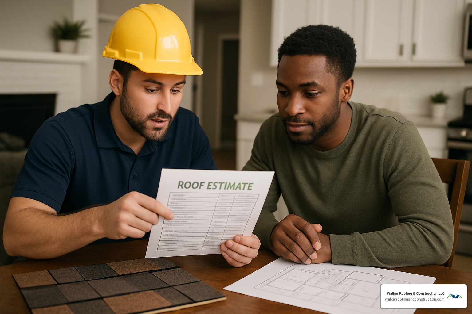 roofing contractor consultation with homeowner reviewing detailed estimate documents - roof estimate