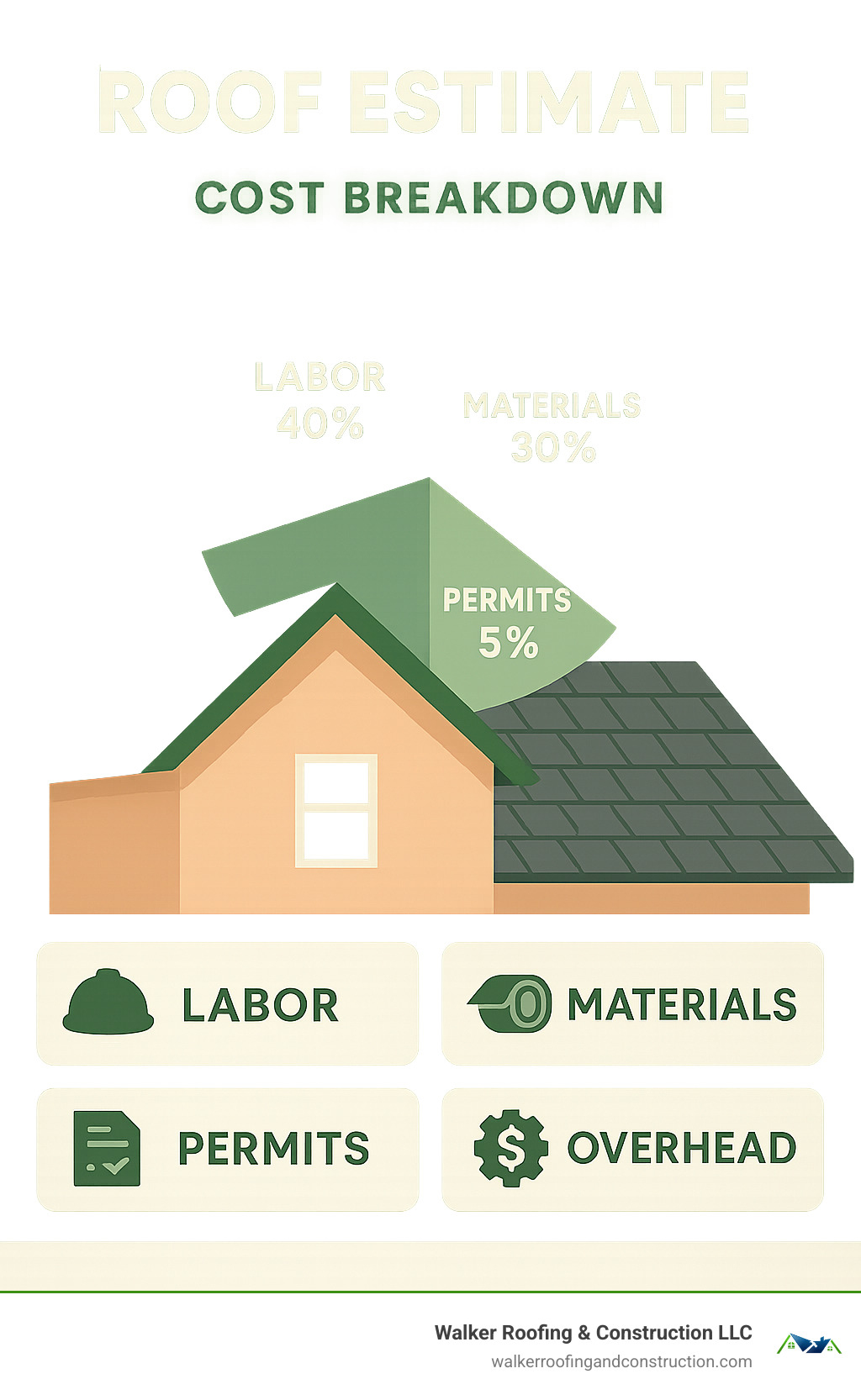detailed cost breakdown showing labor, materials, permits, and overhead percentages in roofing estimates - roof estimate infographic 