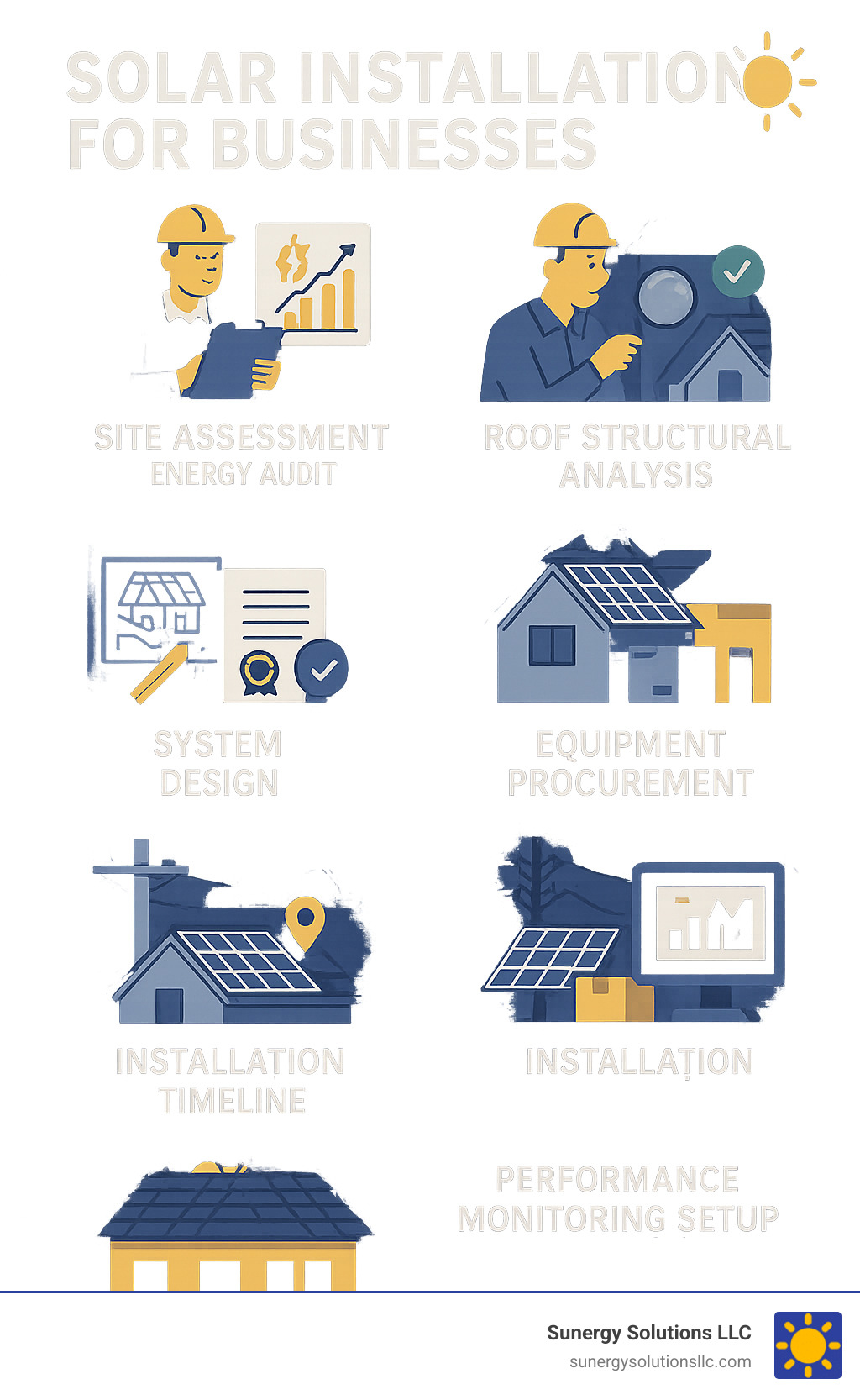 Infographic showing commercial solar installation process from site assessment through system commissioning, including key steps: energy audit, roof structural analysis, system design, permitting, equipment procurement, installation timeline, grid interconnection, and performance monitoring setup - Solar installation for businesses infographic 