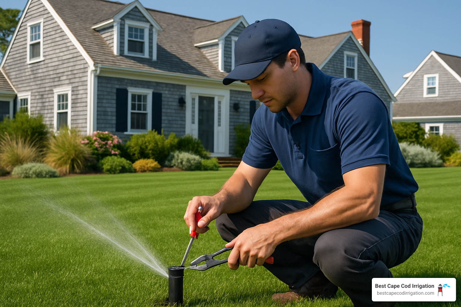 Technician adjusting sprinkler head on Cape Cod lawn - Affordable irrigation Cape Cod