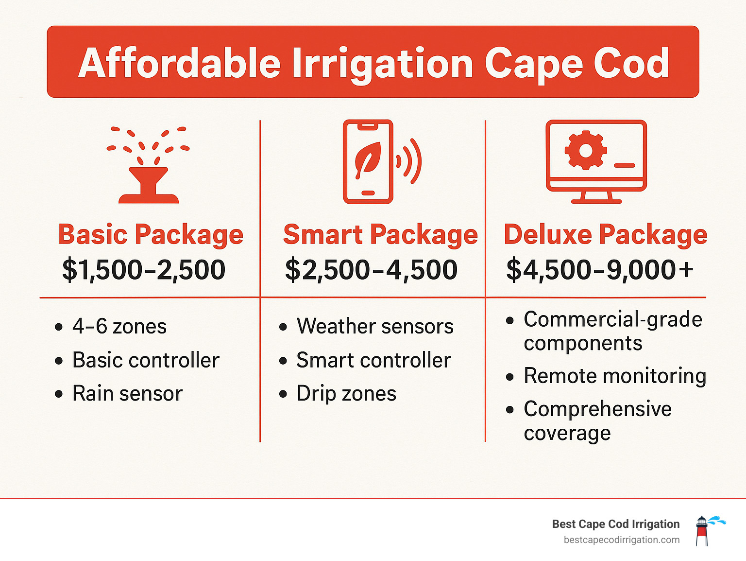 Infographic comparing irrigation packages: Basic Package ($1,500-$2,500) includes 4-6 zones, basic controller, rain sensor; Smart Package ($2,500-$4,500) adds weather sensors, smart controller, drip zones; Deluxe Package ($4,500-$9,000+) includes commercial-grade components, remote monitoring, comprehensive coverage - Affordable irrigation Cape Cod infographic