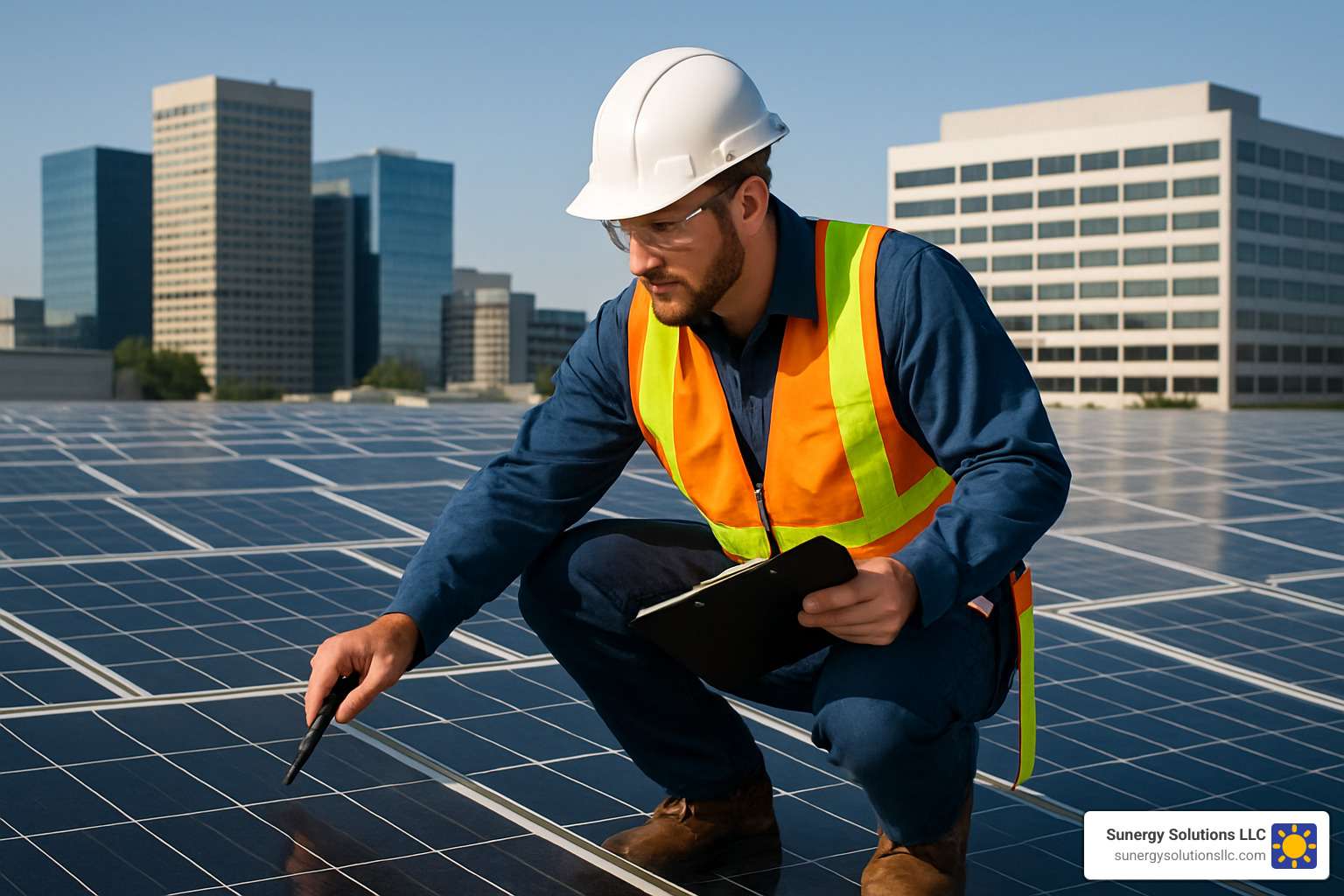 Technician inspecting commercial solar panels on U.S. business rooftop - Solar installation for businesses