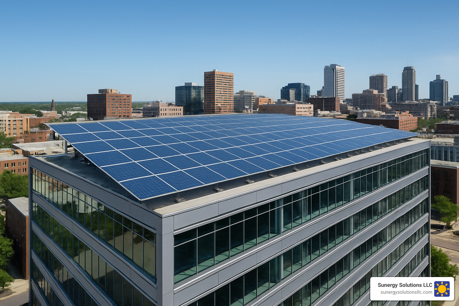 Modern U.S. office building with rooftop solar installation - Solar installation for businesses