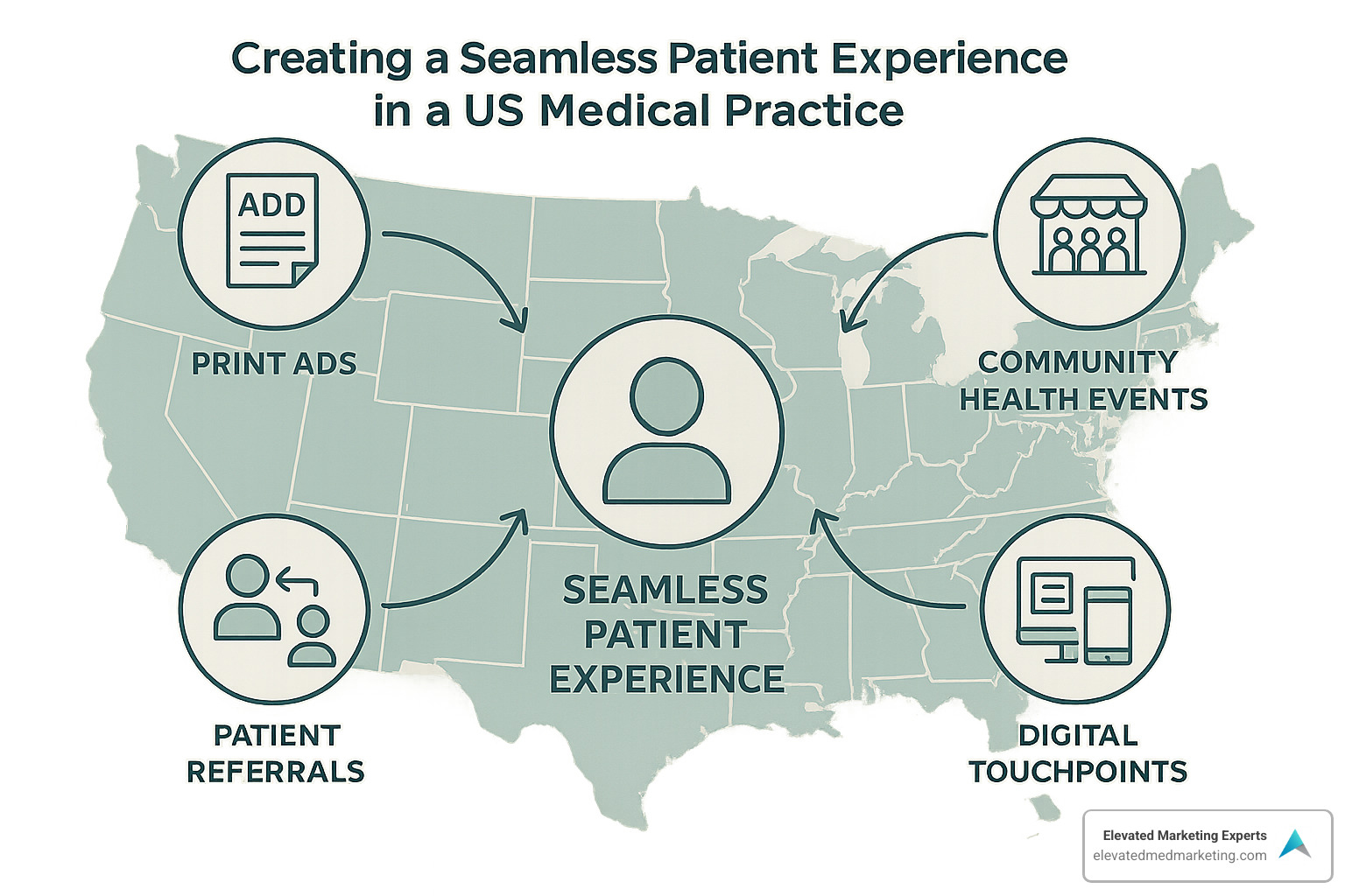 Omnichannel marketing map showing how print ads, community events, referrals, and digital touchpoints work together to create a cohesive patient experience - inbound marketing for doctors