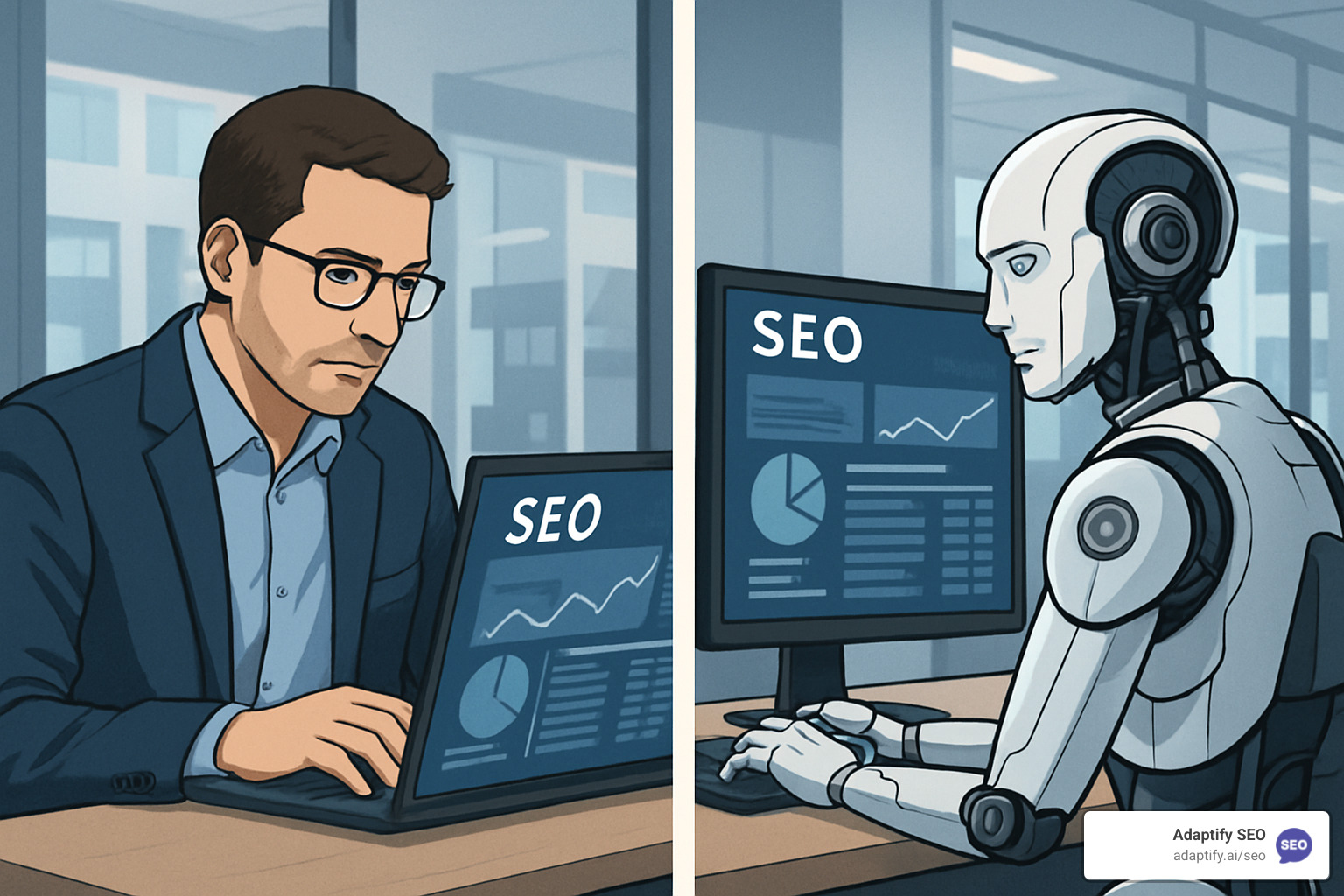 Side-by-side comparison of human SEO expert and AI robot working on SEO tasks - automated seo strategies