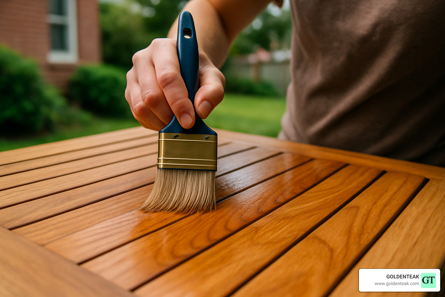 finish application with brush on teak wood surface - diy outdoor teak sofa