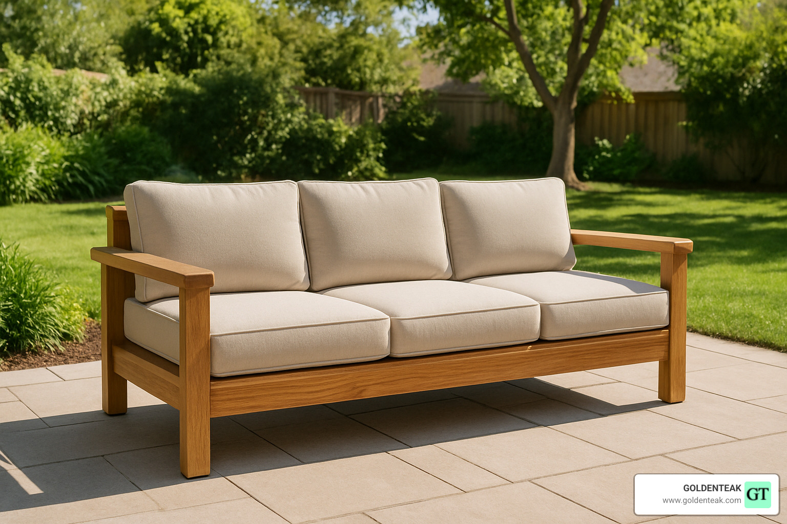 cushions installed on completed teak sofa - diy outdoor teak sofa