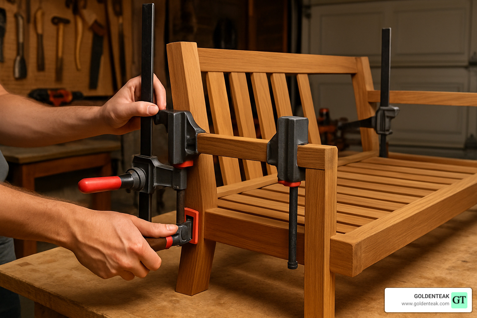 frame assembly in progress with clamps holding joints - diy outdoor teak sofa