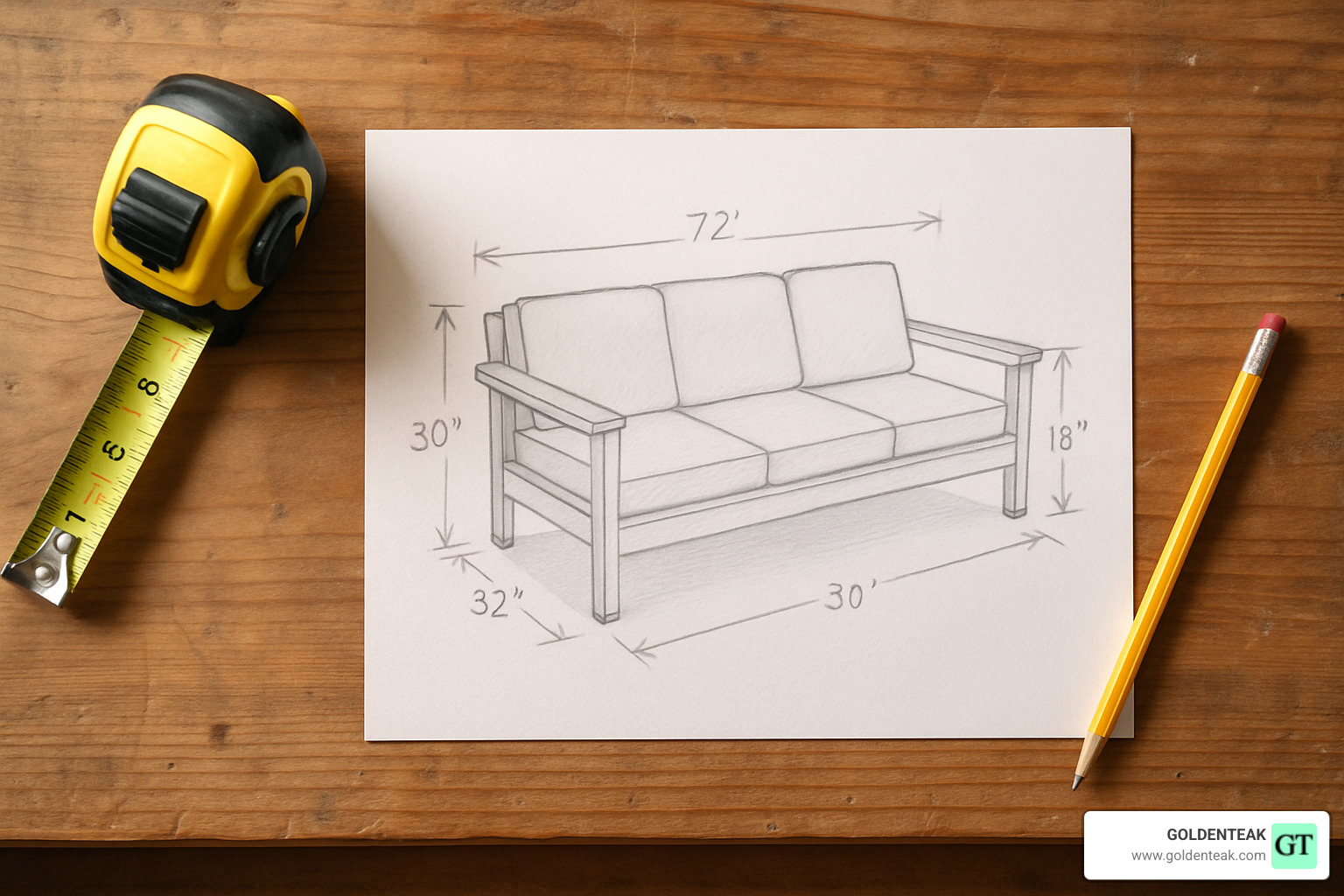 sketch and dimensions on paper with measuring tape and pencil - diy outdoor teak sofa
