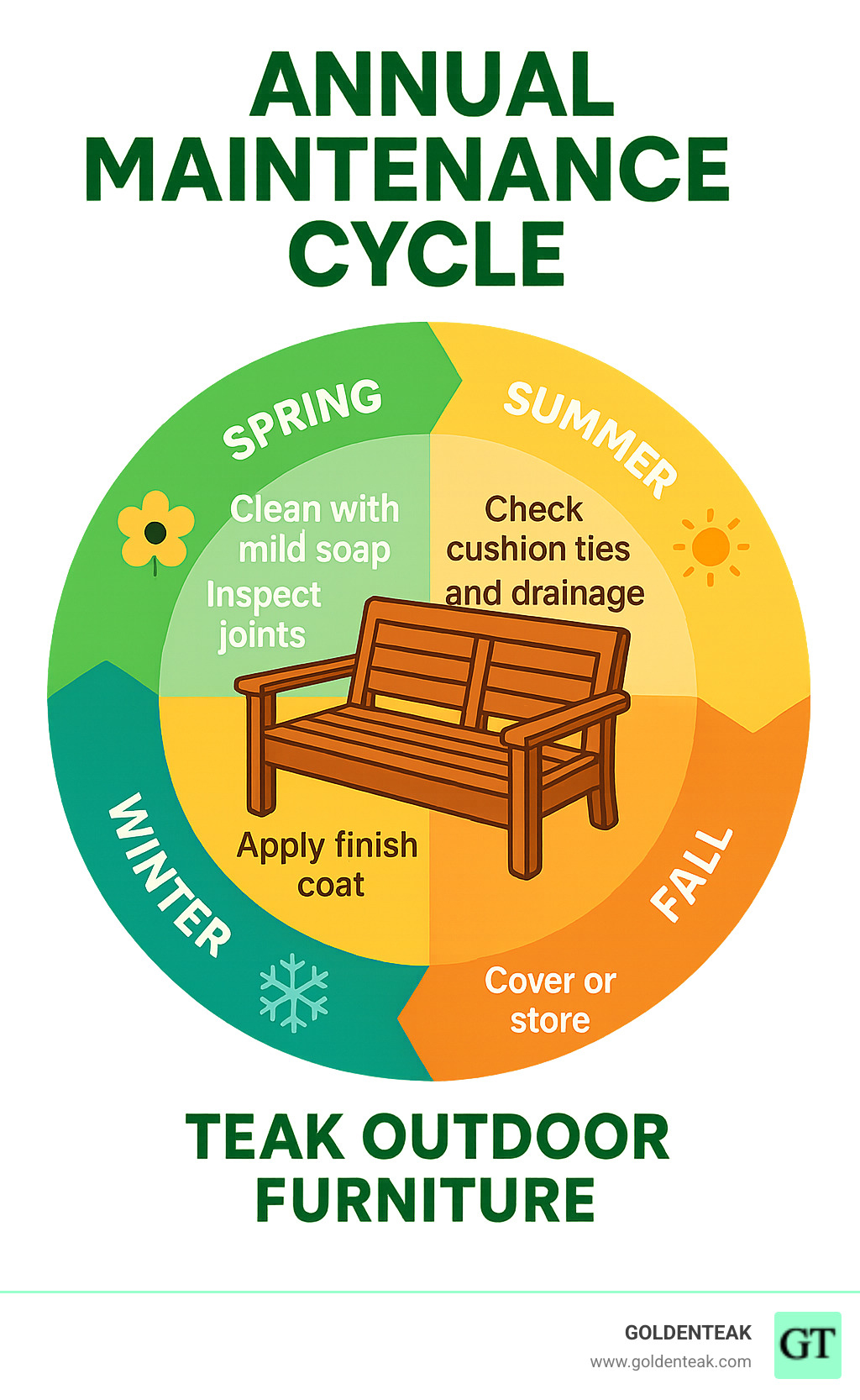 Annual maintenance cycle infographic showing seasonal care tasks, inspection points, and timeline for refinishing teak outdoor furniture with specific months and maintenance activities - diy outdoor teak sofa infographic 