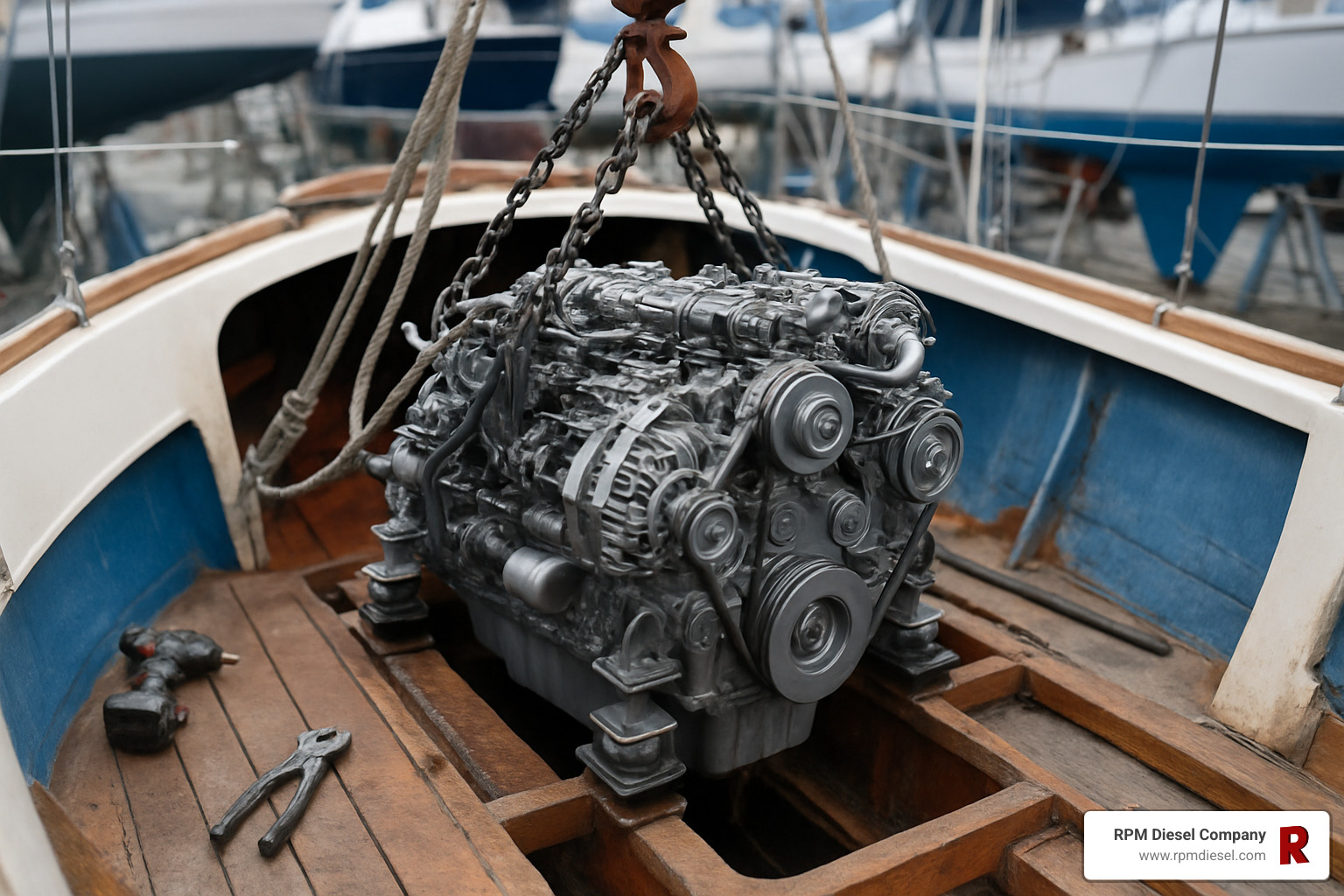 marine diesel engine suspended in boat frame during overhaul - diesel engine overhaul kits