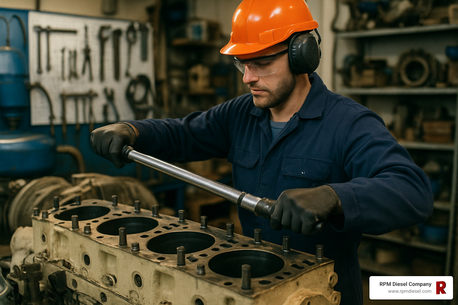 marine diesel technician torquing cylinder head bolts during overhaul - diesel engine overhaul kits