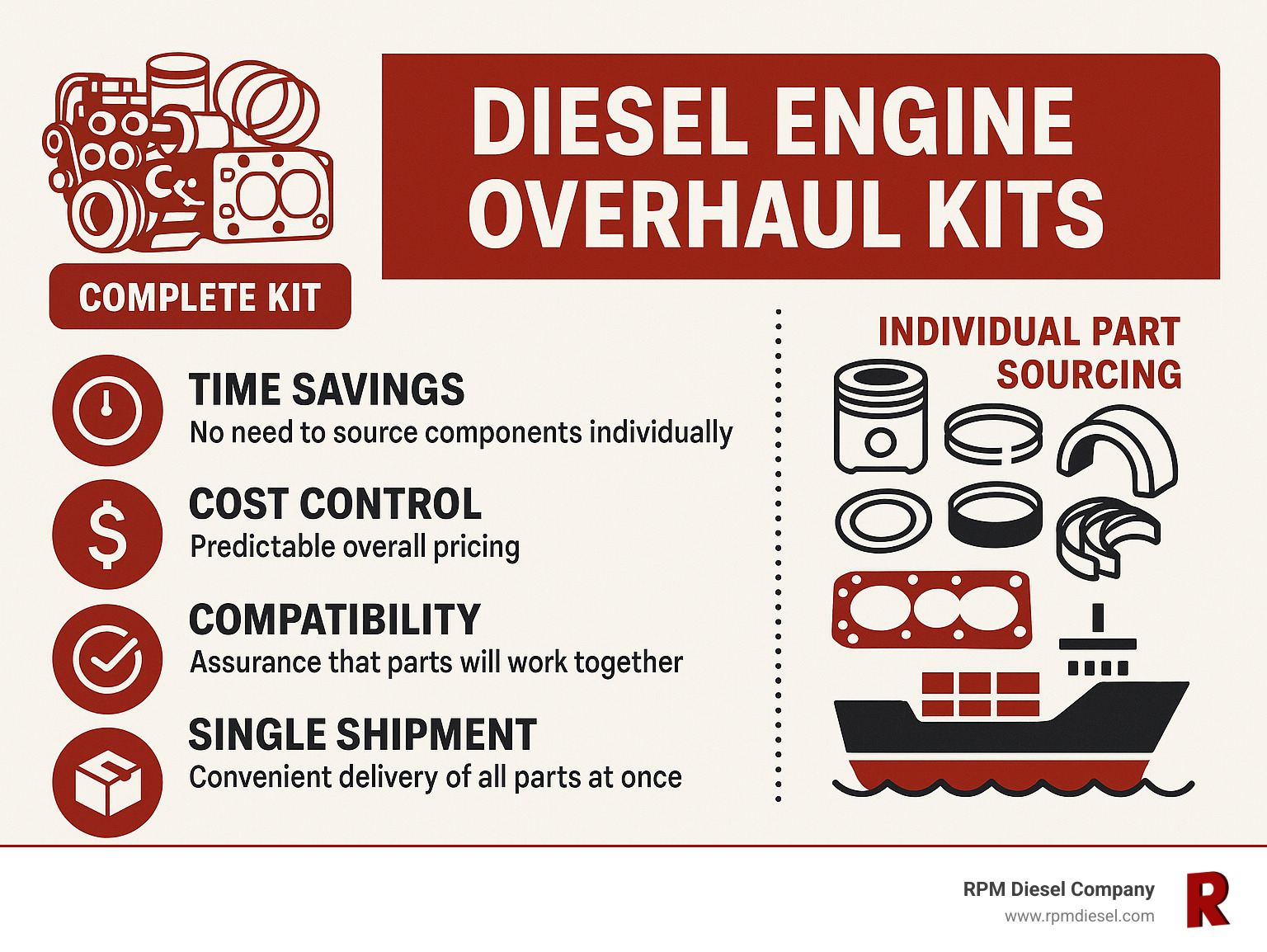 Infographic showing complete diesel engine overhaul kit contents versus individual part sourcing, highlighting time savings, cost control, compatibility assurance, and single-shipment convenience for marine applications - diesel engine overhaul kits infographic 