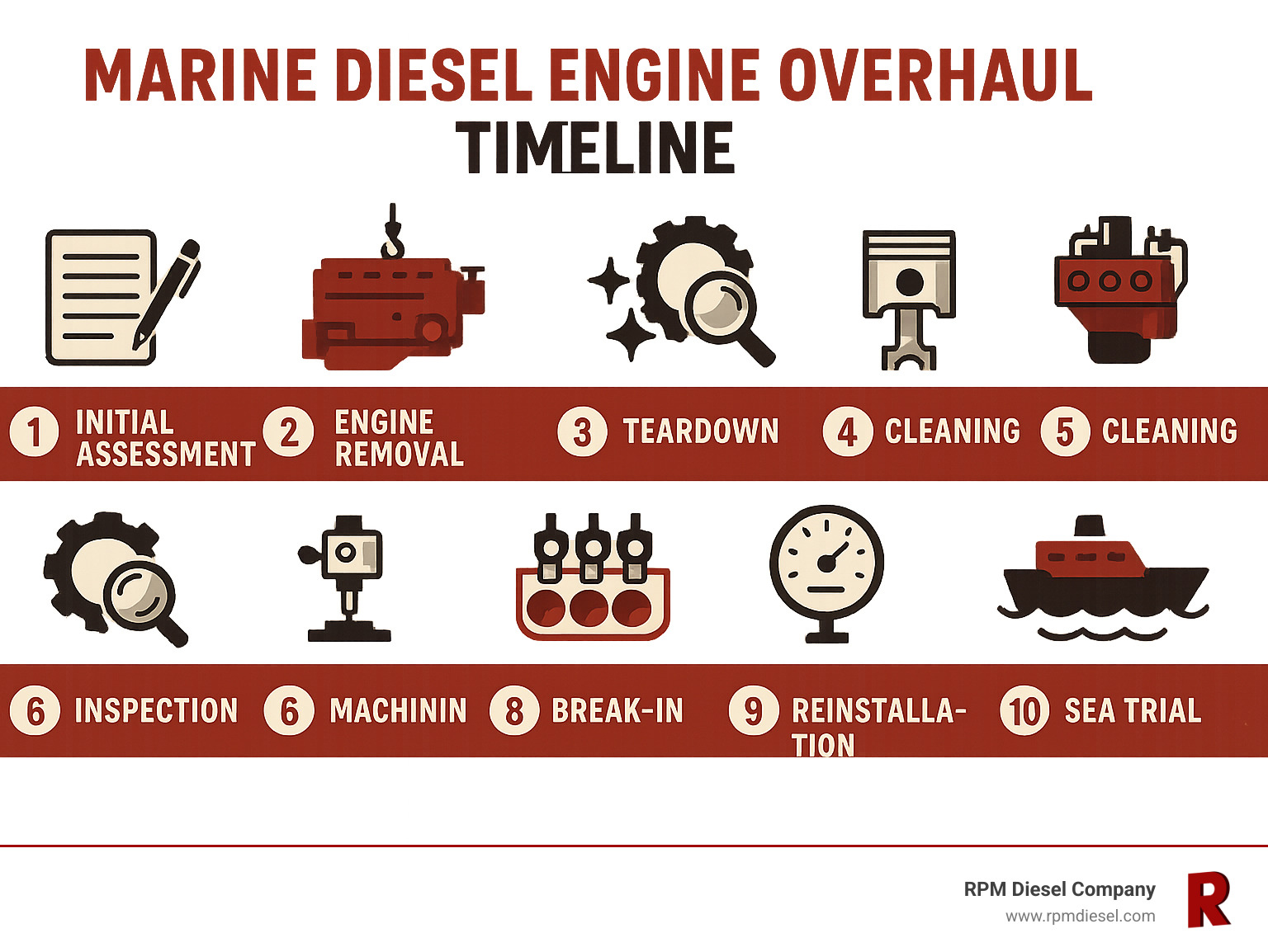 Infographic showing 10-step marine diesel engine overhaul timeline from initial assessment through final sea trial, including teardown, machining, assembly, and break-in phases - diesel engine overhaul kits infographic 