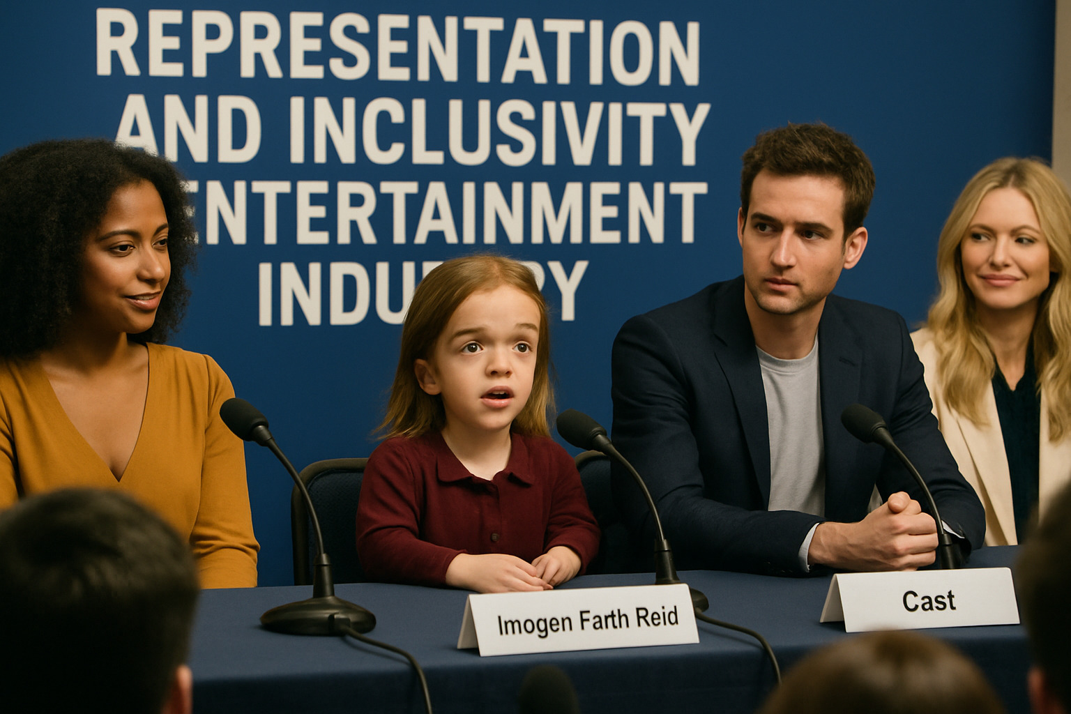 press panel photo showing imogen faith reid with cast members discussing representation - imogen faith reid