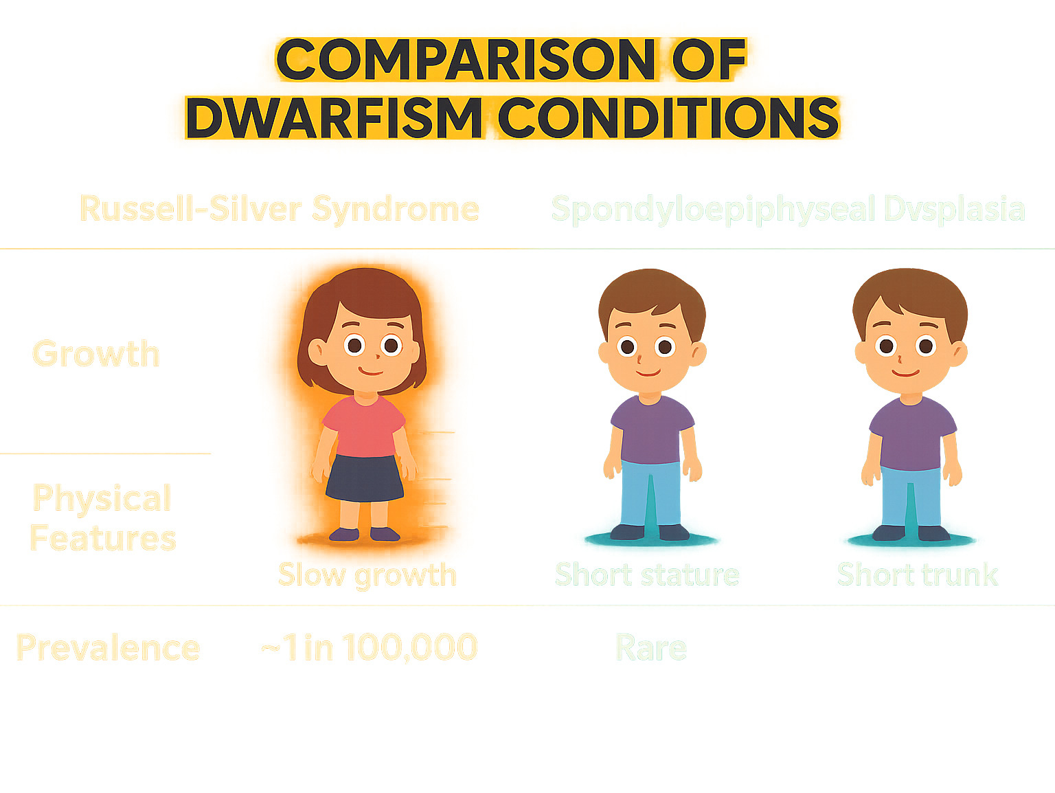 Comparison chart showing Russell-Silver Syndrome characteristics versus Spondyloepiphyseal Dysplasia, including growth patterns, physical features, and prevalence rates to illustrate the diversity within dwarfism conditions - imogen faith reid infographic 