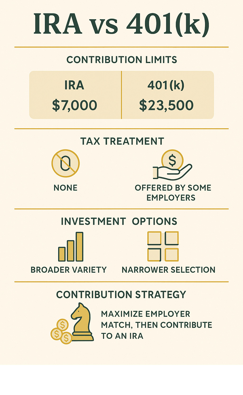 Detailed comparison infographic showing IRA vs 401k contribution limits, tax treatment differences, employer match benefits, investment option varieties, and optimal contribution strategies for maximizing retirement savings - ira vs 401k infographic 