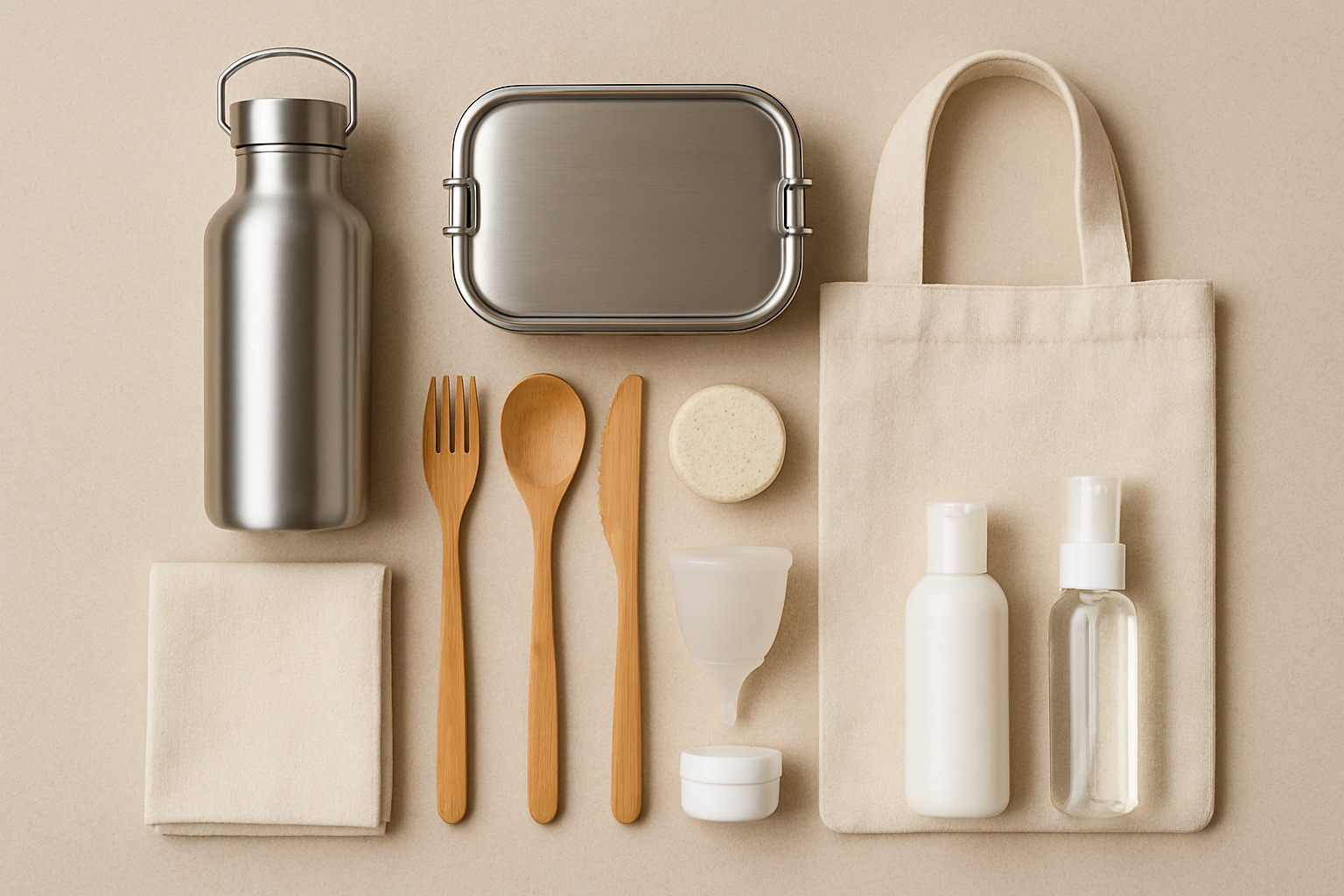 Complete zero waste travel kit laid out flat showing all essential items organized by category - Zero waste travel essentials