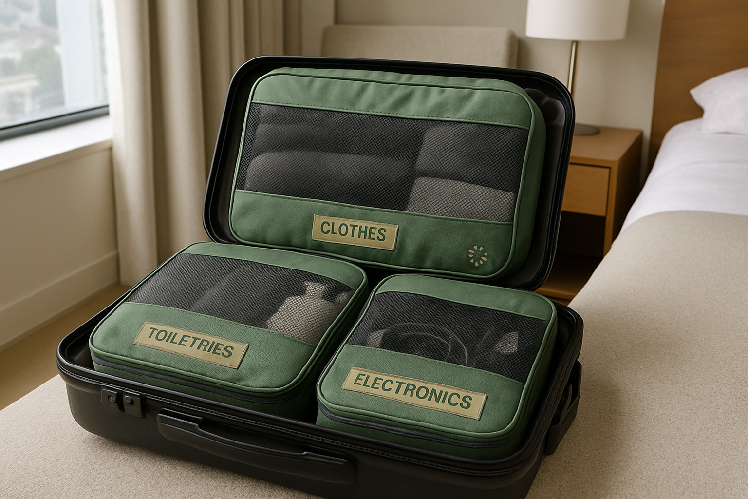 Modular packing cubes organized by category showing efficient space utilization - Zero waste travel essentials