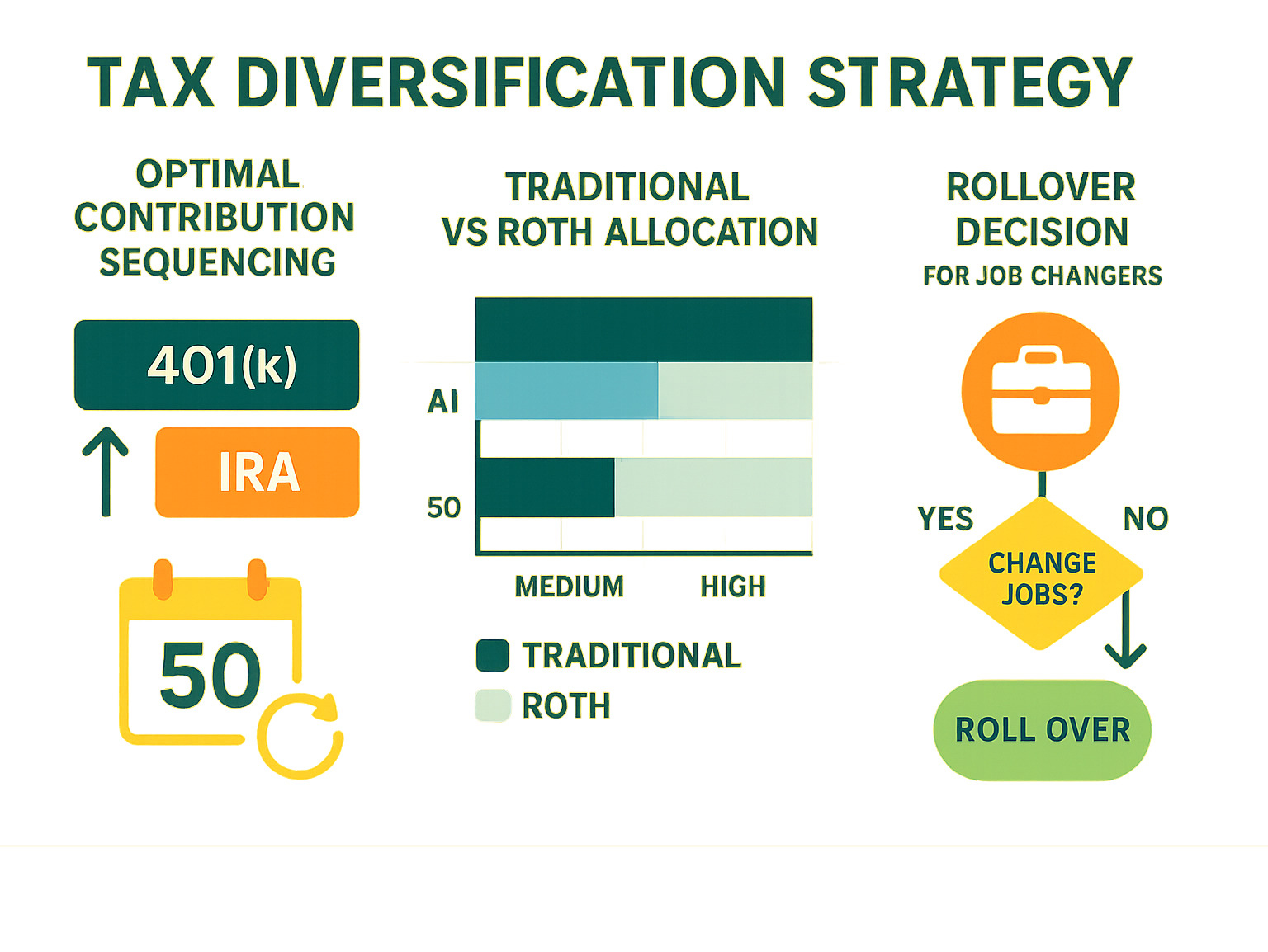 Tax diversification strategy infographic showing optimal contribution sequencing, Traditional vs Roth allocation by age and income level, catch-up contribution benefits, and rollover decision flowchart for job changes - ira vs 401k infographic 
