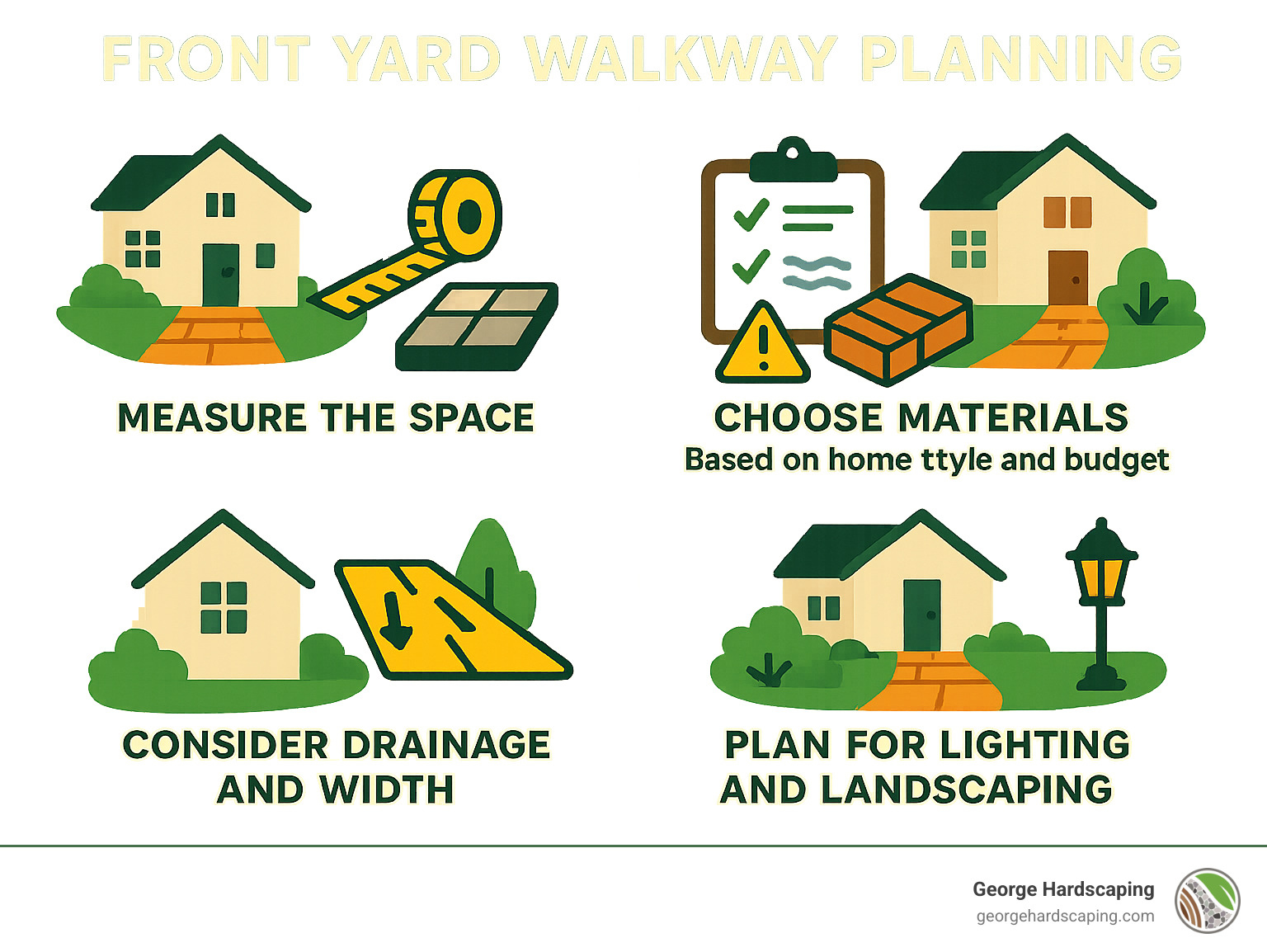 Infographic showing front yard walkway planning steps including measuring space, choosing materials based on home style and budget, considering drainage and width requirements, and planning for lighting and landscaping integration - front yard walkway ideas infographic 