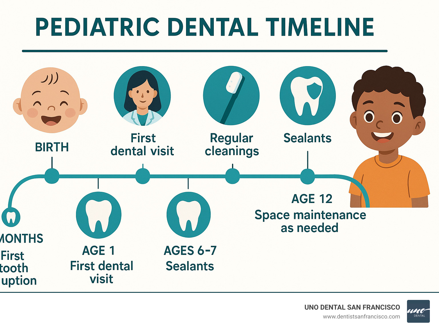 Infographic showing pediatric dental timeline from birth to age 12, including milestones like first tooth eruption at 6 months, first dental visit by age 1, regular cleanings every 6 months, sealants around age 6-7, and space maintenance as needed - children dentist near me infographic 
