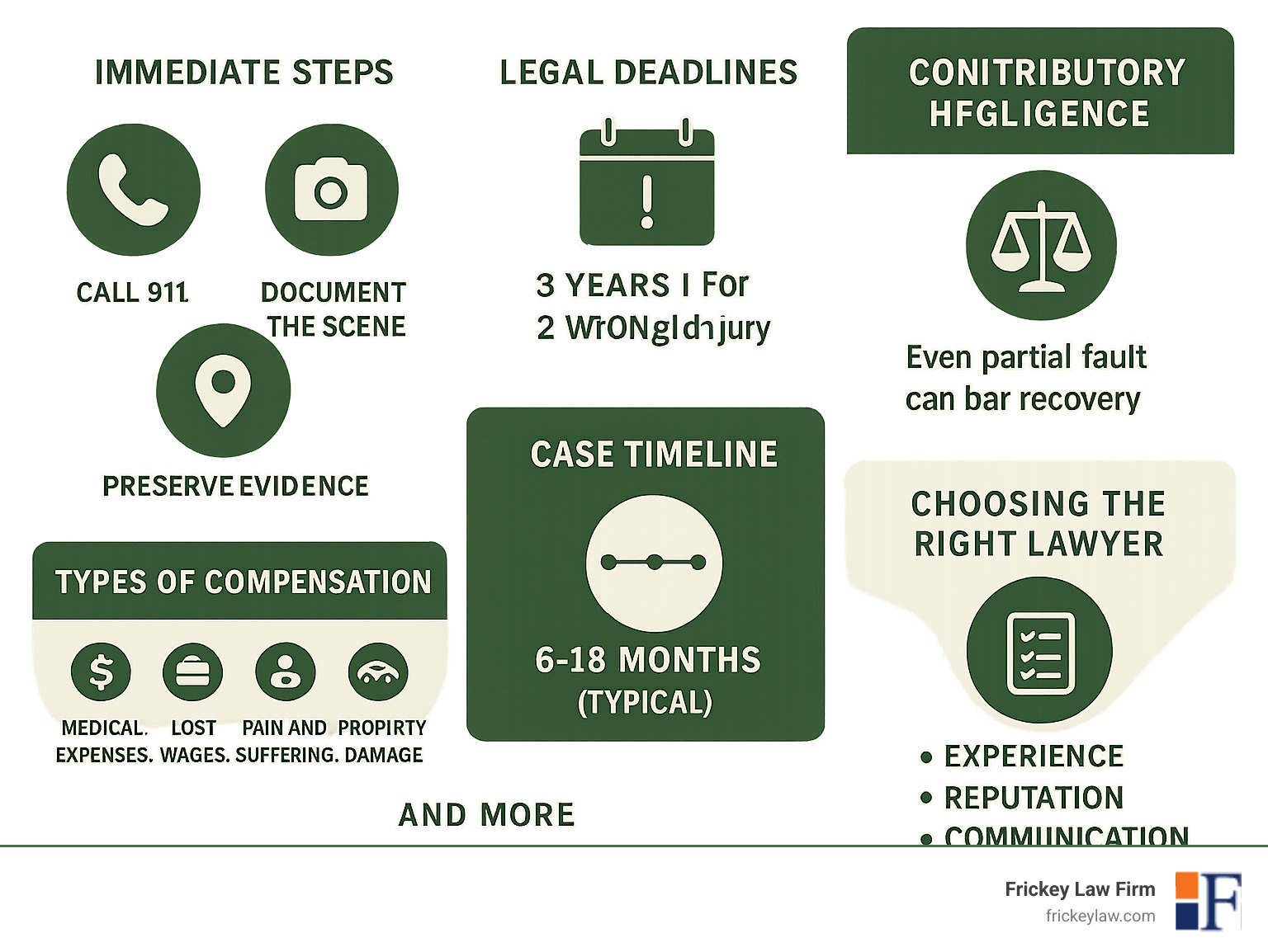 Comprehensive infographic summarizing key steps for Raleigh accident victims: immediate actions (call 911, document scene, preserve evidence), legal deadlines (3-year statute of limitations, 2-year for wrongful death), North Carolina's contributory negligence rule and its impact, types of compensation available, typical case timeline, and criteria for choosing the right accident injury lawyer - accident injury lawyer raleigh infographic