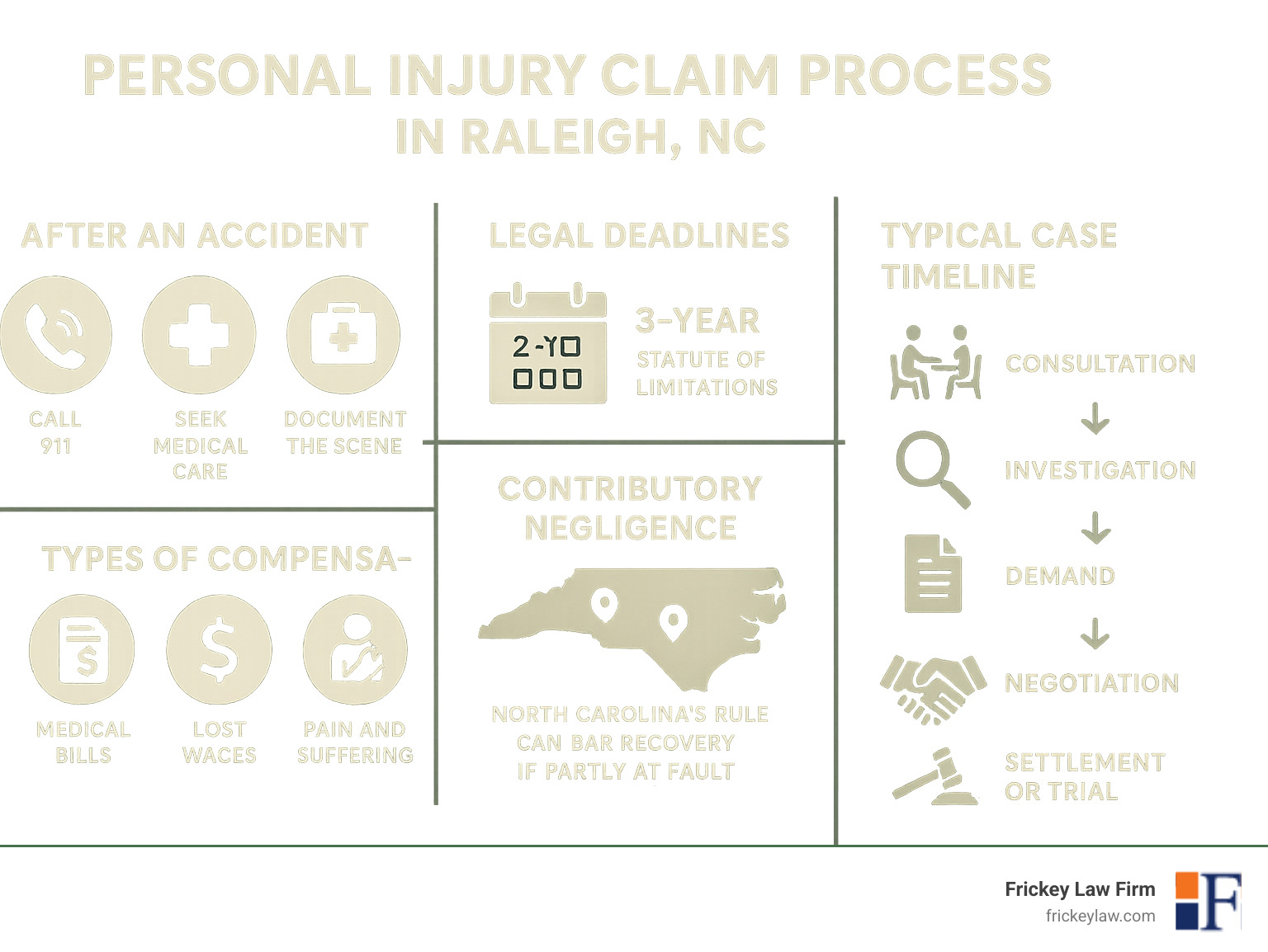 Detailed infographic showing the complete personal injury claim process in Raleigh NC, including immediate post-accident steps (call 911, seek medical care, document scene), legal deadlines (3-year statute of limitations, 2-year for wrongful death), North Carolina's contributory negligence rule, types of compensation available (medical bills, lost wages, pain and suffering), and typical case timeline from consultation through settlement or trial - accident injury lawyer raleigh infographic