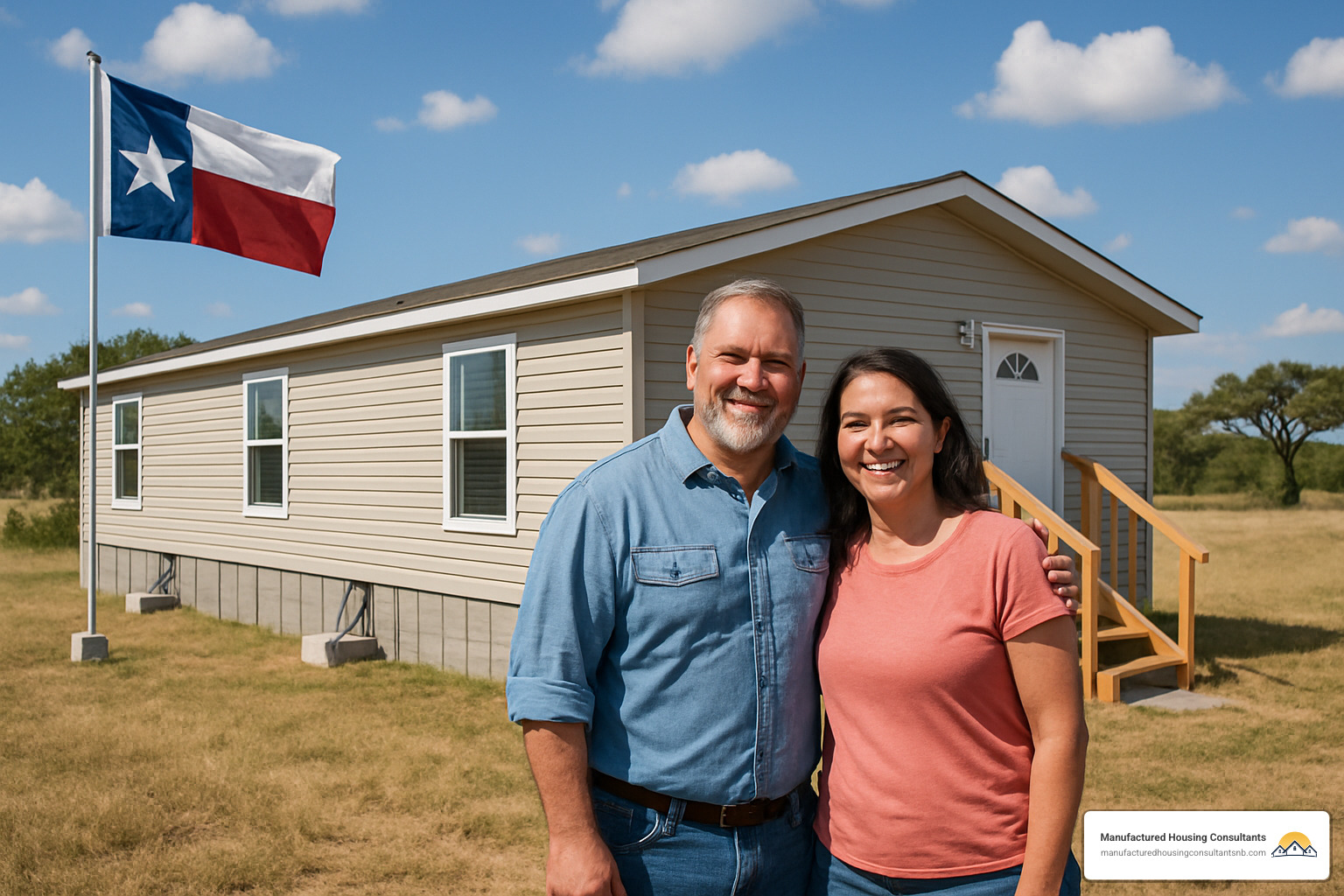 Happy Texas manufactured homeowners standing in front of their well-maintained home with proper tie-downs and skirting - Manufactured home insurance Texas