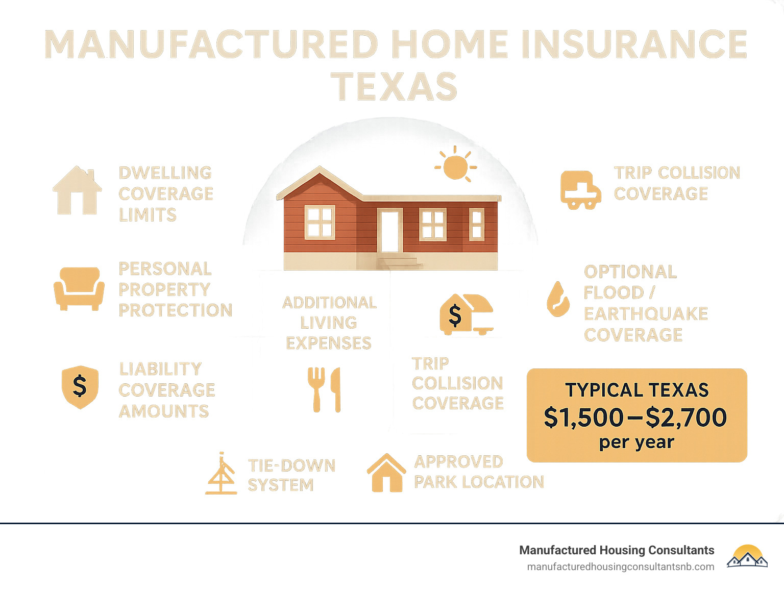 Infographic showing manufactured home insurance policy components including dwelling coverage limits, personal property protection, liability coverage amounts, additional living expenses, optional flood/earthquake coverage, and trip collision coverage with typical Texas premium ranges and common discounts like tie-down systems and approved park locations - Manufactured home insurance Texas infographic 