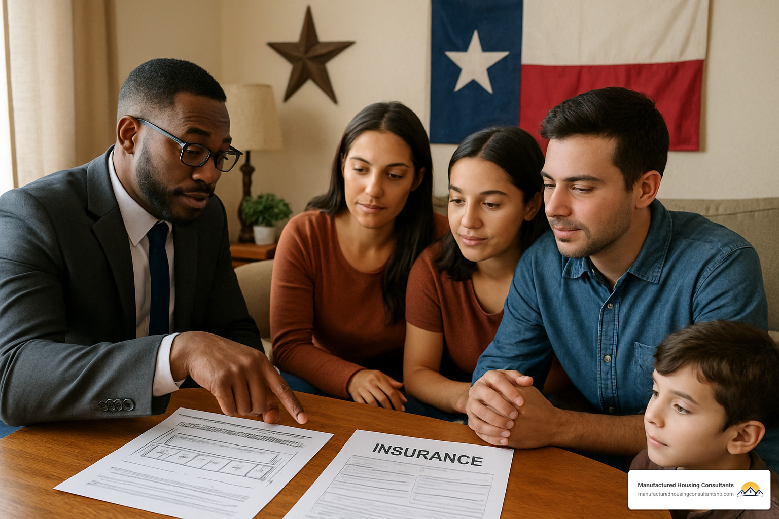Insurance agent reviewing manufactured home insurance quote with Texas homeowners - Manufactured home insurance Texas