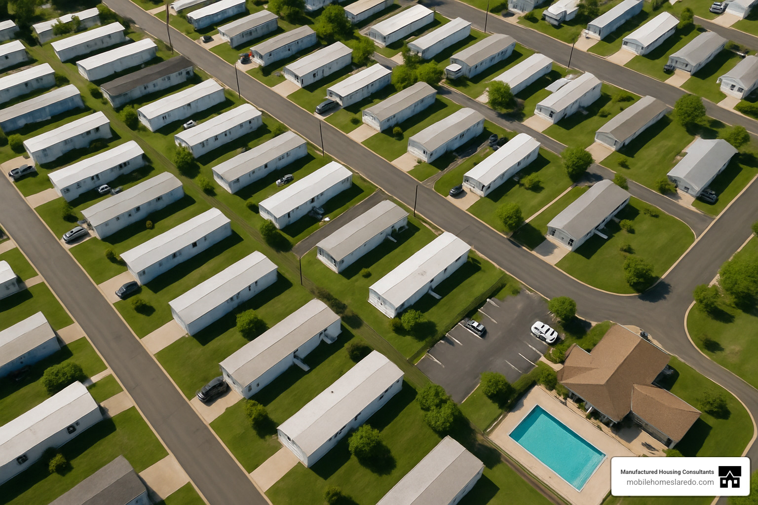 Aerial view of mobile home park showing organized layout with roads, utilities, and community facilities - used mobile home loans Aerial view of mobile home park showing organized layout with roads, utilities, and community facilities - used mobile home loans