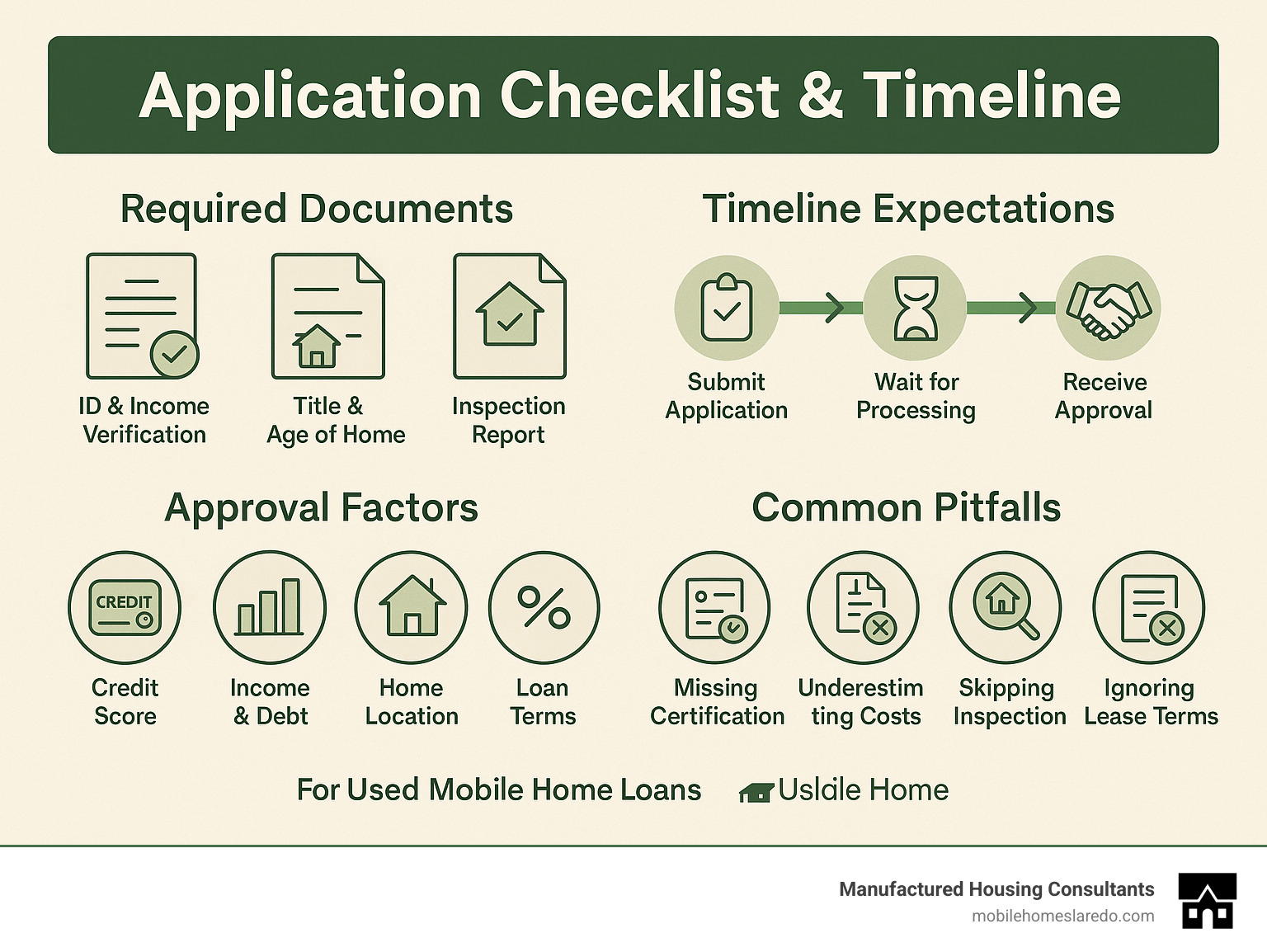 Infographic showing a comprehensive application checklist with required documents, timeline expectations, approval factors, and common pitfalls to avoid when applying for used mobile home loans - used mobile home loans infographic  Infographic showing a comprehensive application checklist with required documents, timeline expectations, approval factors, and common pitfalls to avoid when applying for used mobile home loans - used mobile home loans infographic