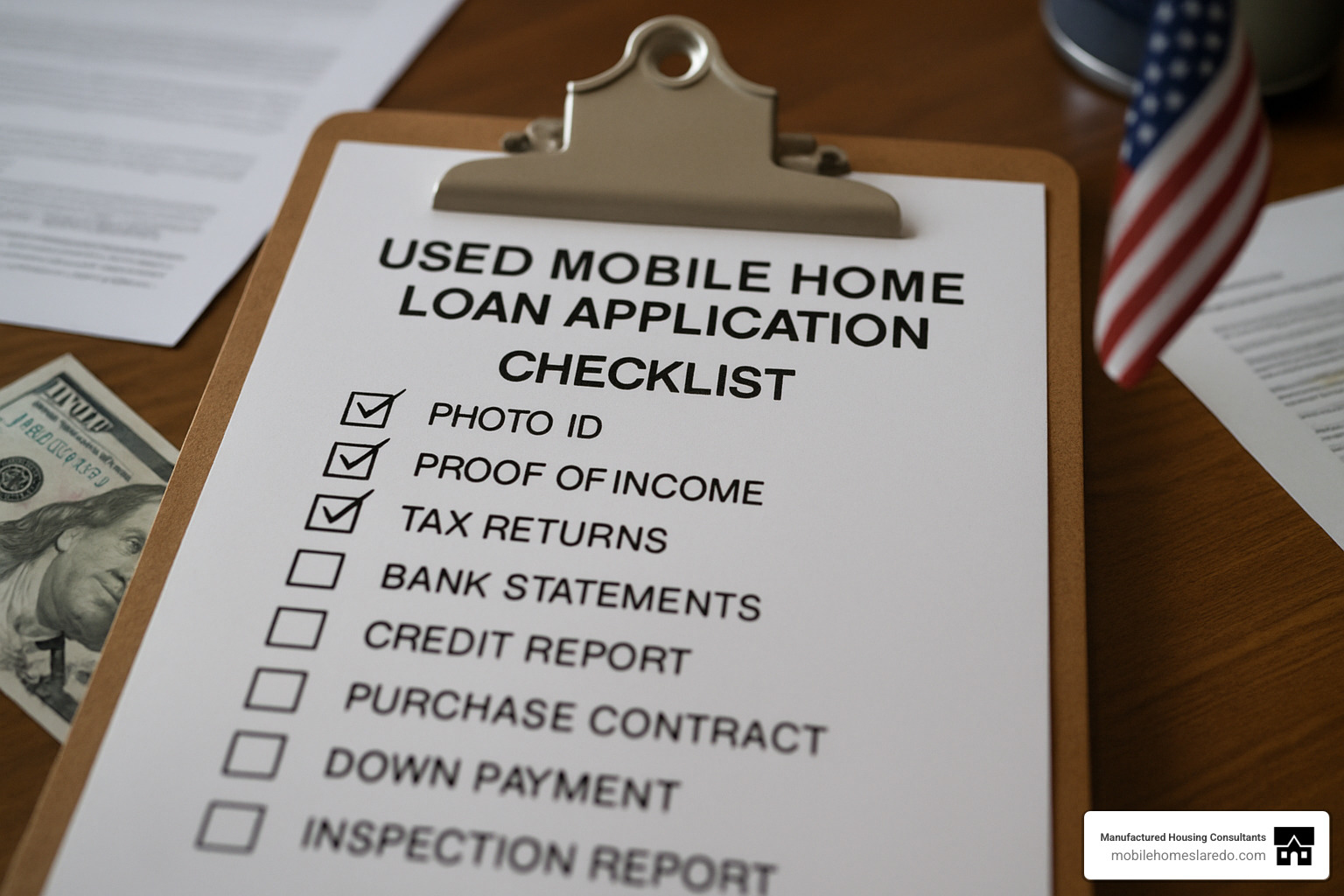 Clipboard with detailed checklist showing all required documents for mobile home loan application with checkboxes and completion status - used mobile home loans Clipboard with detailed checklist showing all required documents for mobile home loan application with checkboxes and completion status - used mobile home loans