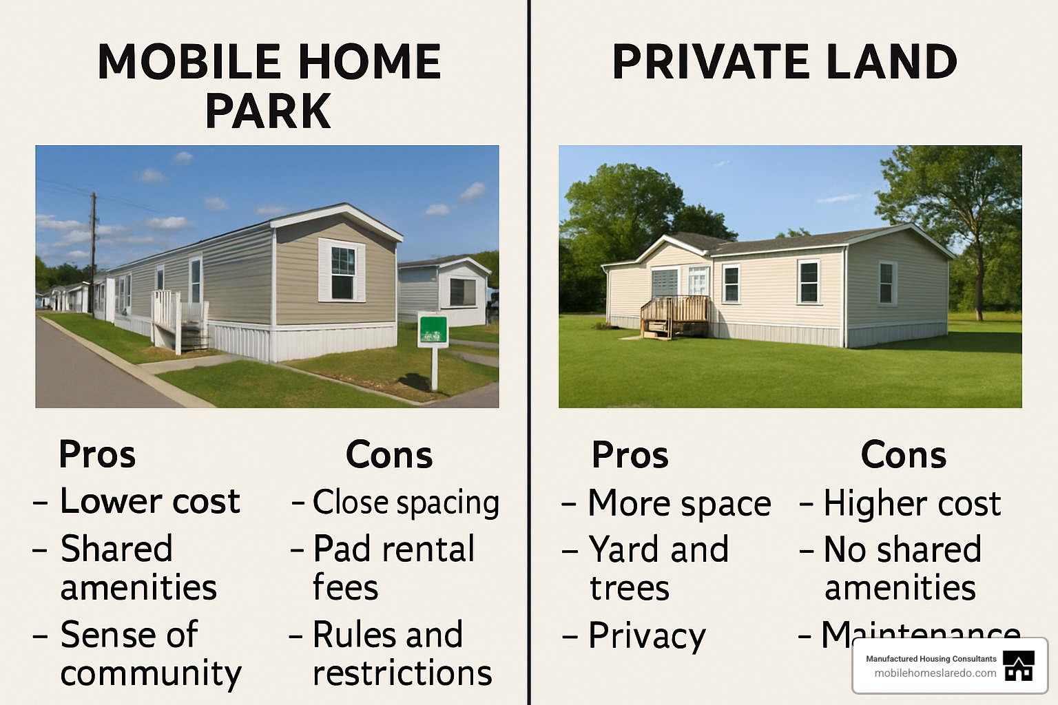 Comparison image showing mobile home park setting versus private land placement with pros and cons of each option - used mobile home loans Comparison image showing mobile home park setting versus private land placement with pros and cons of each option - used mobile home loans