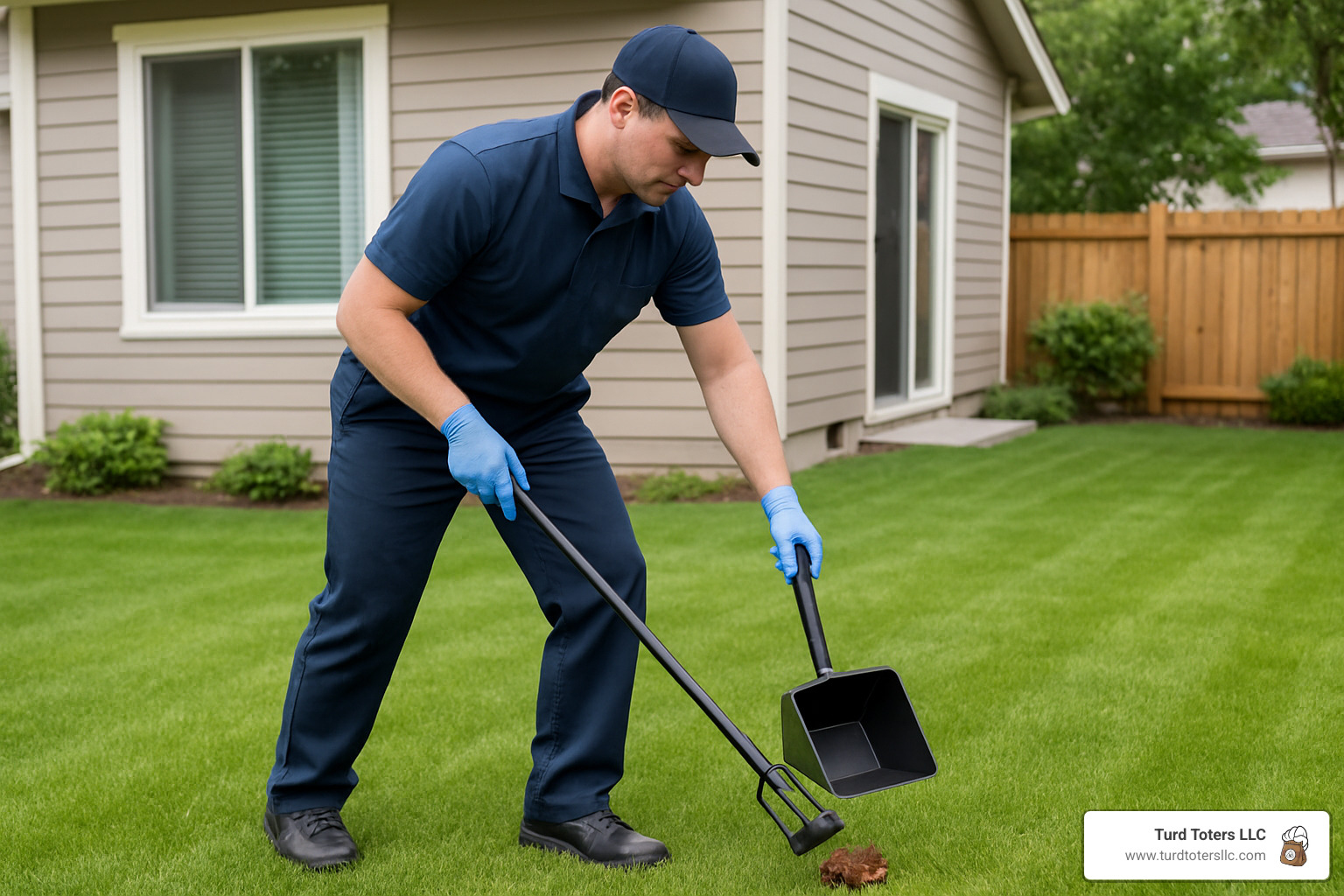 Professional technician in uniform using proper equipment to scoop dog waste in a residential backyard - residential dog waste removal