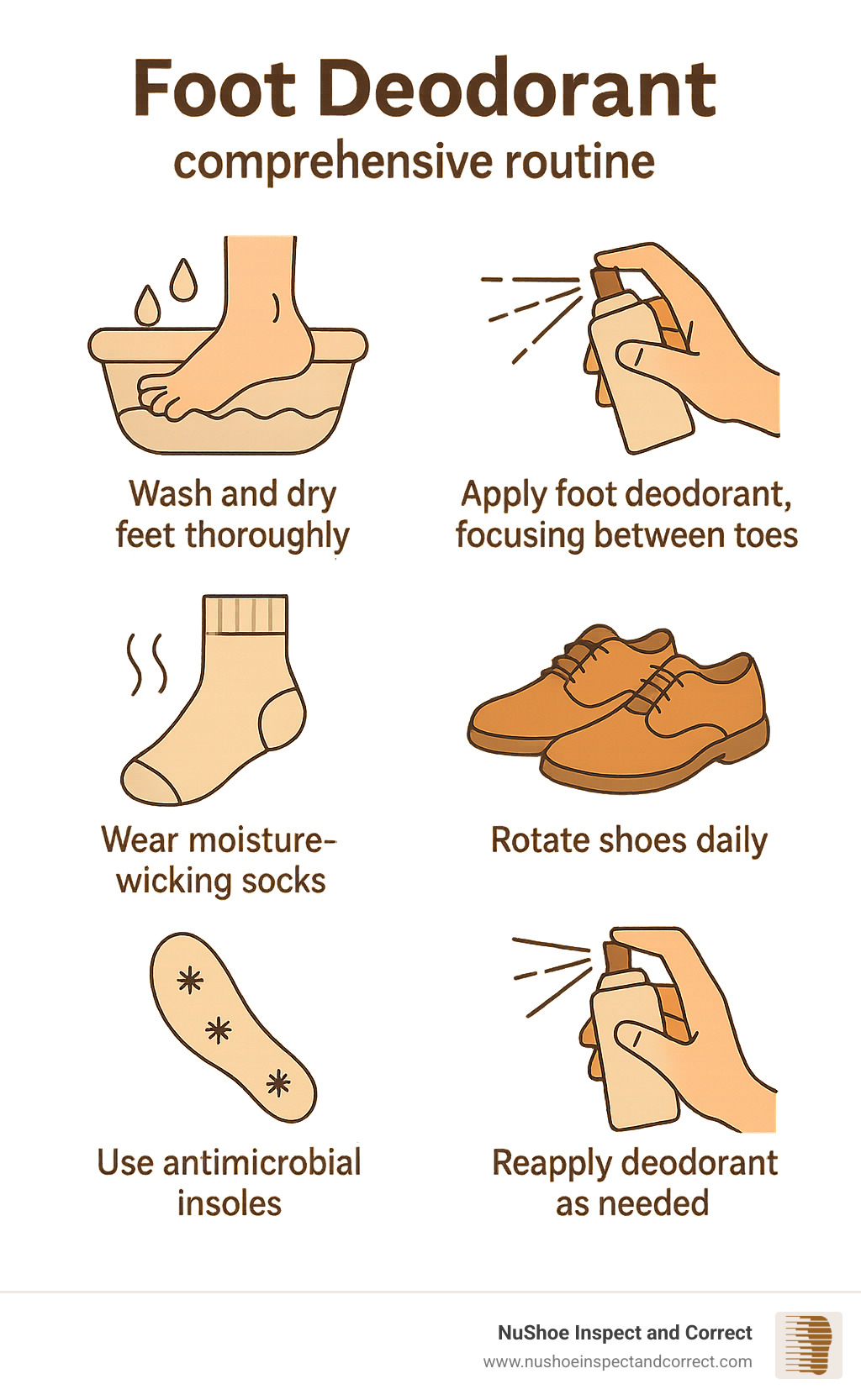 Comprehensive foot care routine infographic showing daily steps: wash and dry feet thoroughly, apply foot deodorant focusing between toes, wear moisture-wicking socks, rotate shoes daily, use antimicrobial insoles, and reapply deodorant as needed - foot deodorant infographic 